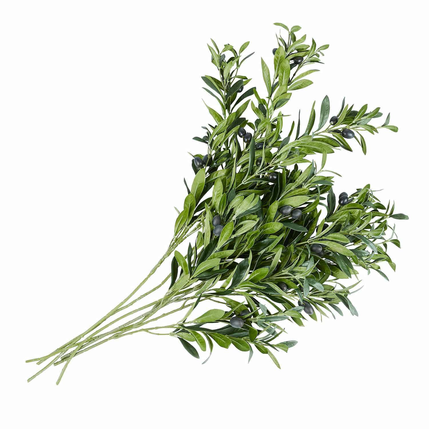 Set di 6 rami decorativi di ulivo con foglie verdi e olive nere per arredamento interno