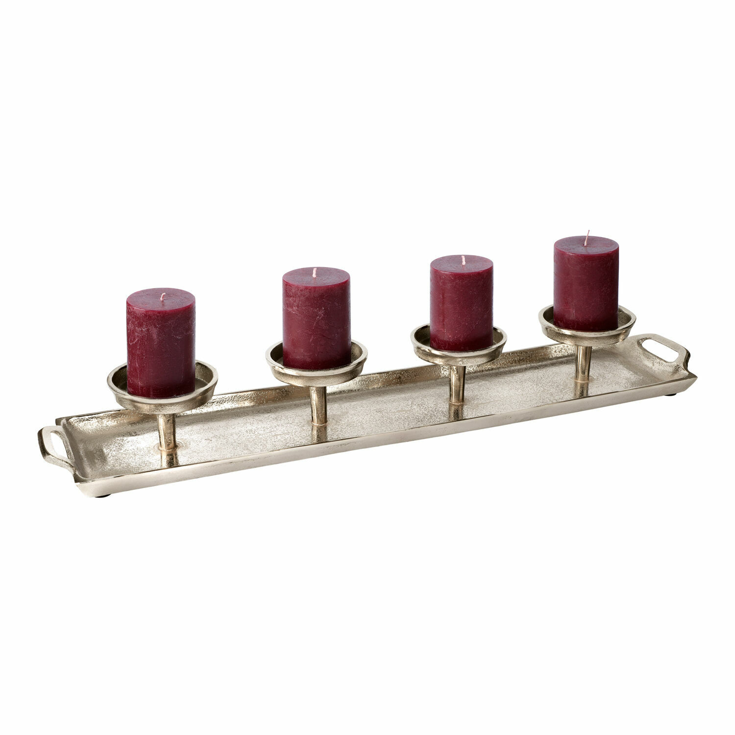 Vassoio portacandele Indila Portacandele in metallo con quattro candele bordeaux su vassoio rettangolare decorativo