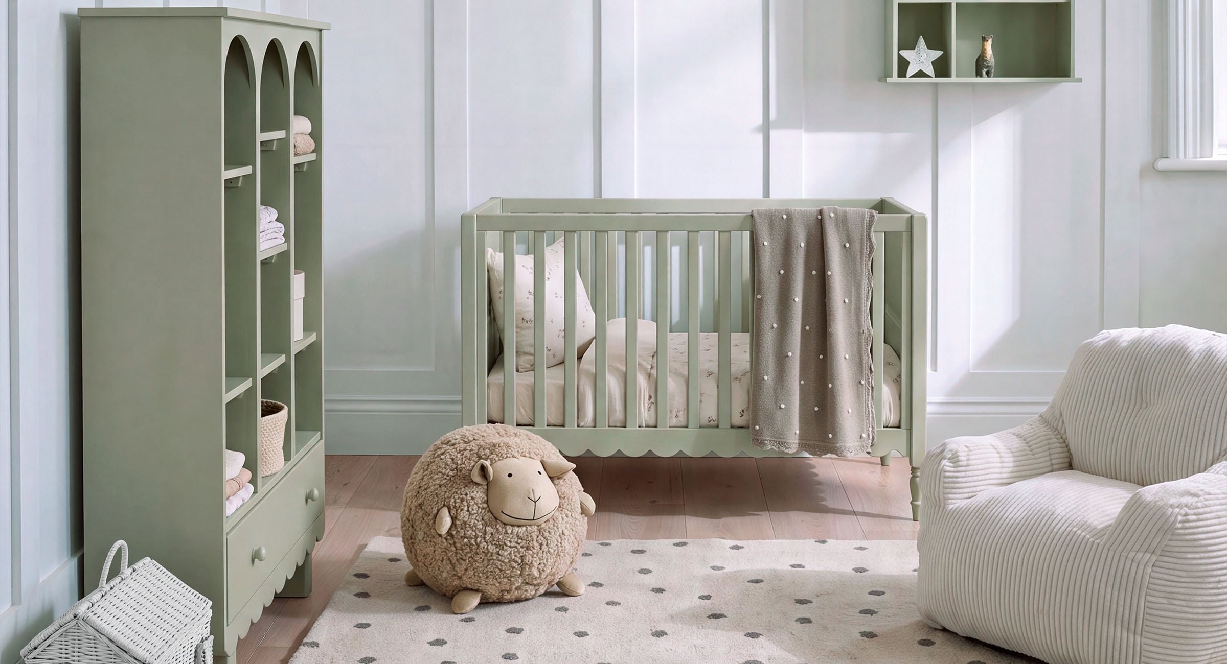 Camera bambini con lettino verde, armadio e peluche pecora su tappeto a pois grigi