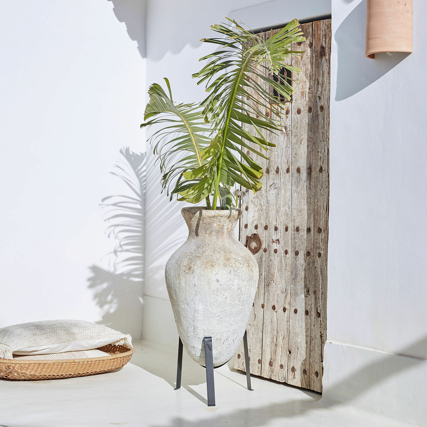Portavaso Tearce Grande vaso in terracotta su supporto metallico con foglie verdi in ambiente luminoso