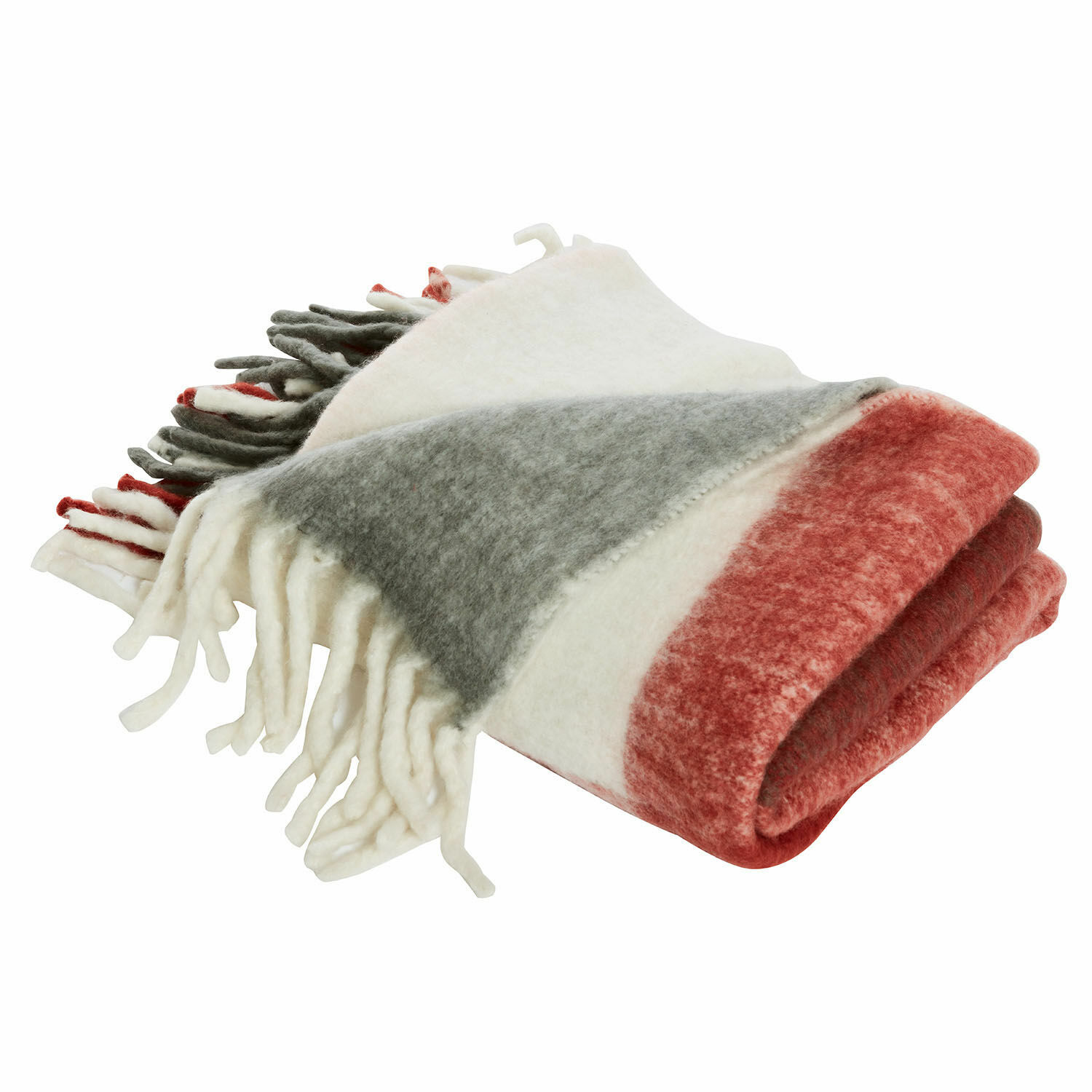 Plaid McGreg Coperta morbida in lana bianca, grigia e rossa con frange, ideale per la casa