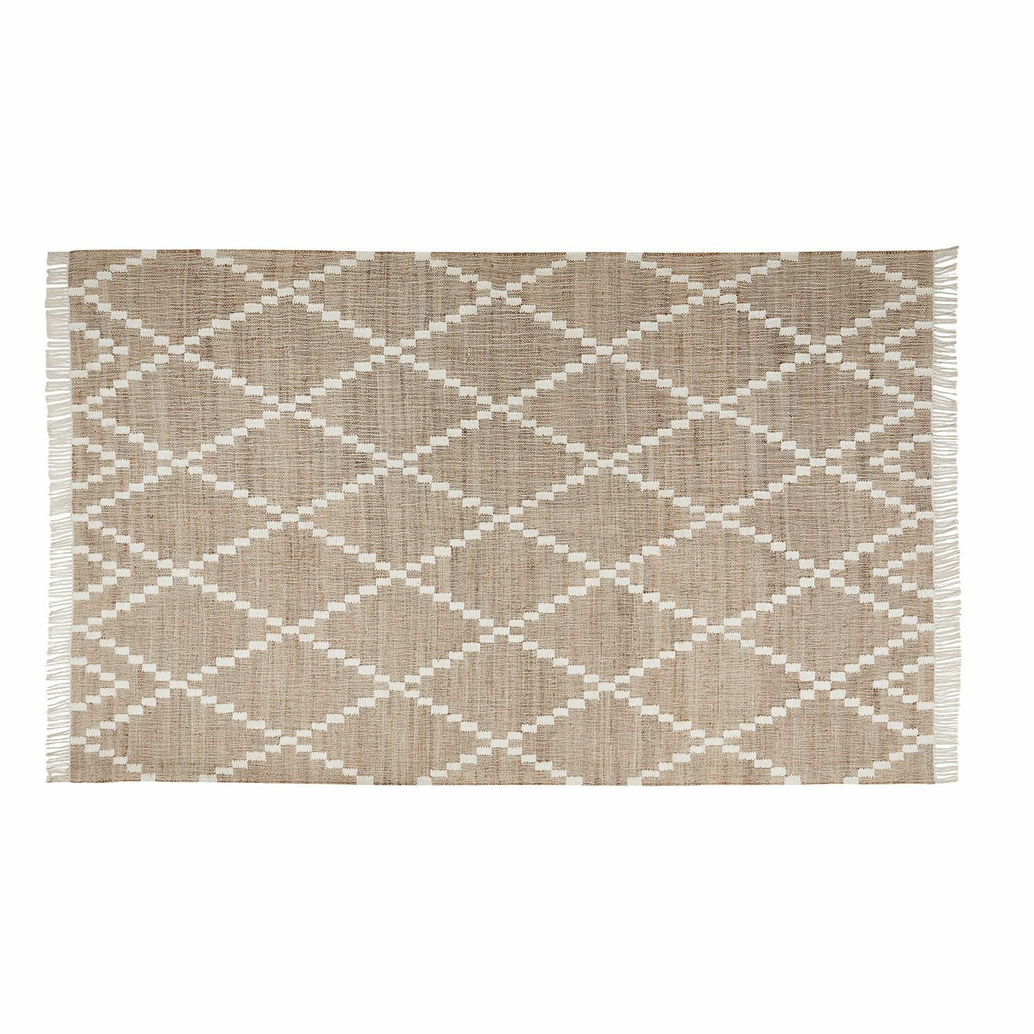 Tappeto per esterni e interni Piera Tappeto beige con motivo geometrico e frange, realizzato in materiale naturale, decorazione per interni