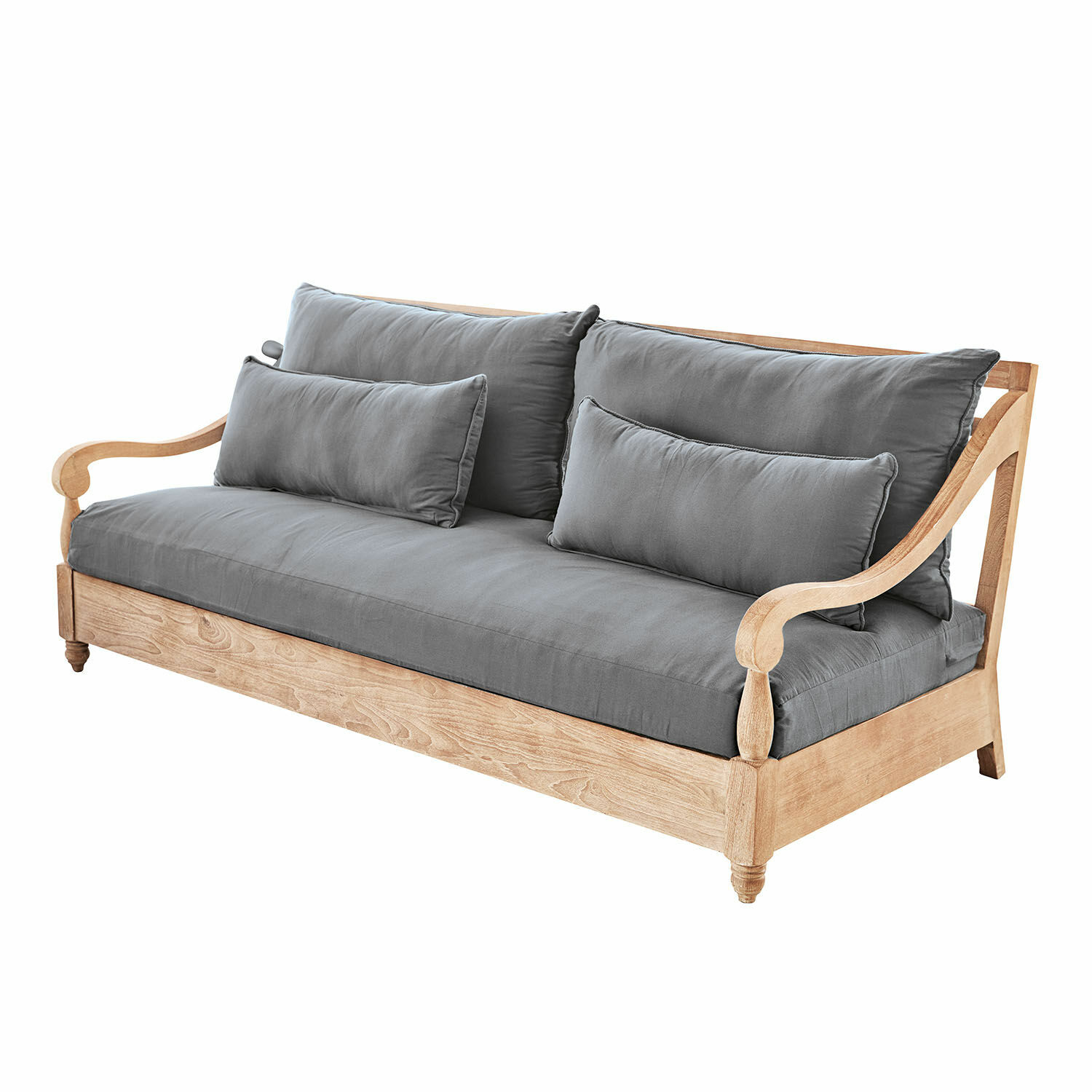 Divano Montcassin Divano in legno chiaro con cuscini grigi, mobile confortevole per soggiorno, materiali naturali