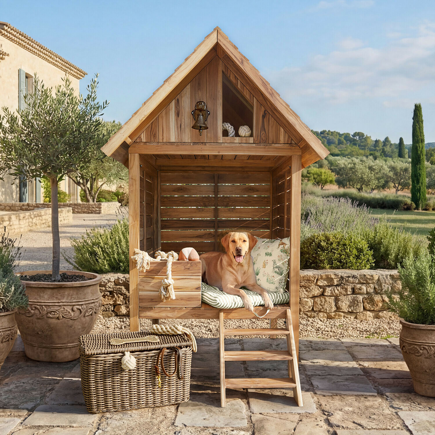 Casetta per cani Frevina Cuccia in legno per cane con cuscino e giocattoli, cane beige sdraiato su terrazza in giardino