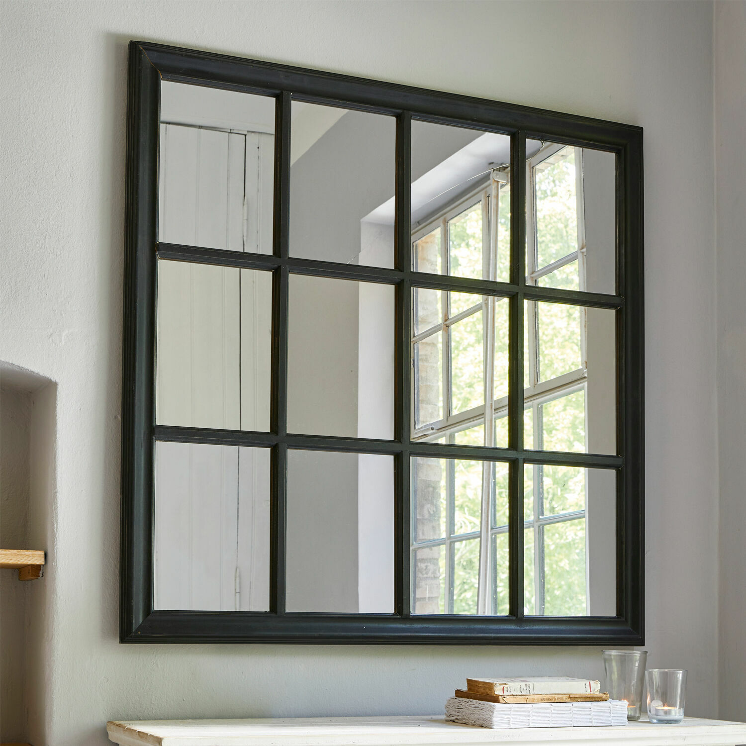 Specchio Wesley Specchio da parete quadrato con cornice nera diviso in 12 sezioni, decorazione d'interni