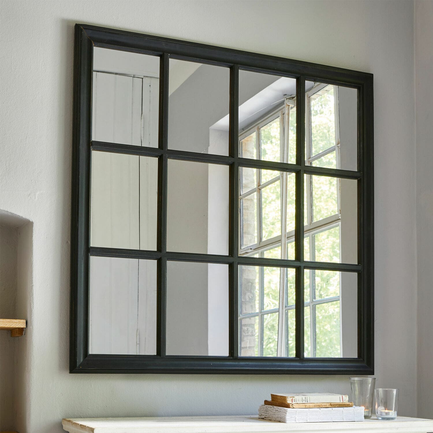 Specchio Wesley Specchio da parete quadrato con cornice nera diviso in 12 sezioni, decorazione d'interni