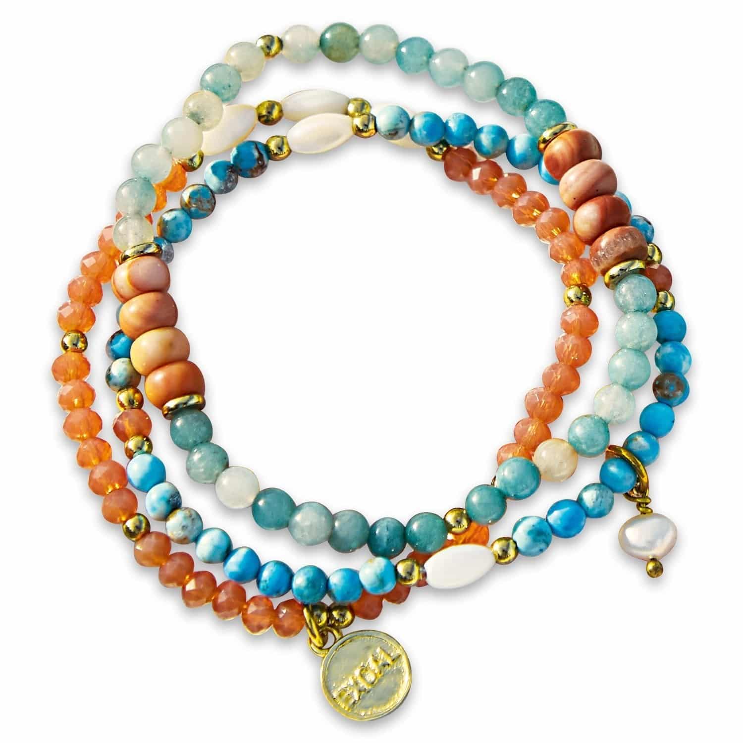 Set di 3 braccialetti Pía Braccialetto colorato con perline di pietra e metallo con ciondolo, gioiello alla moda da donna