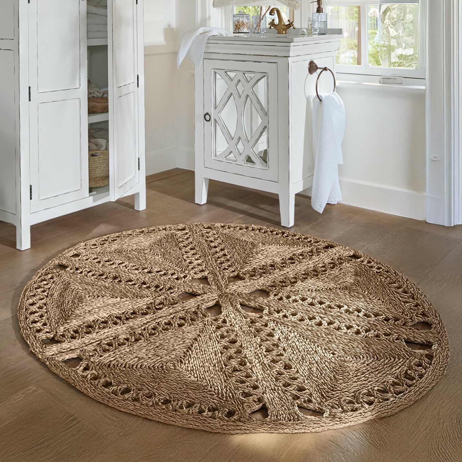 Tappeto Penwicks Tappeto rotondo in corda naturale beige con motivo decorativo, per soggiorno o bagno