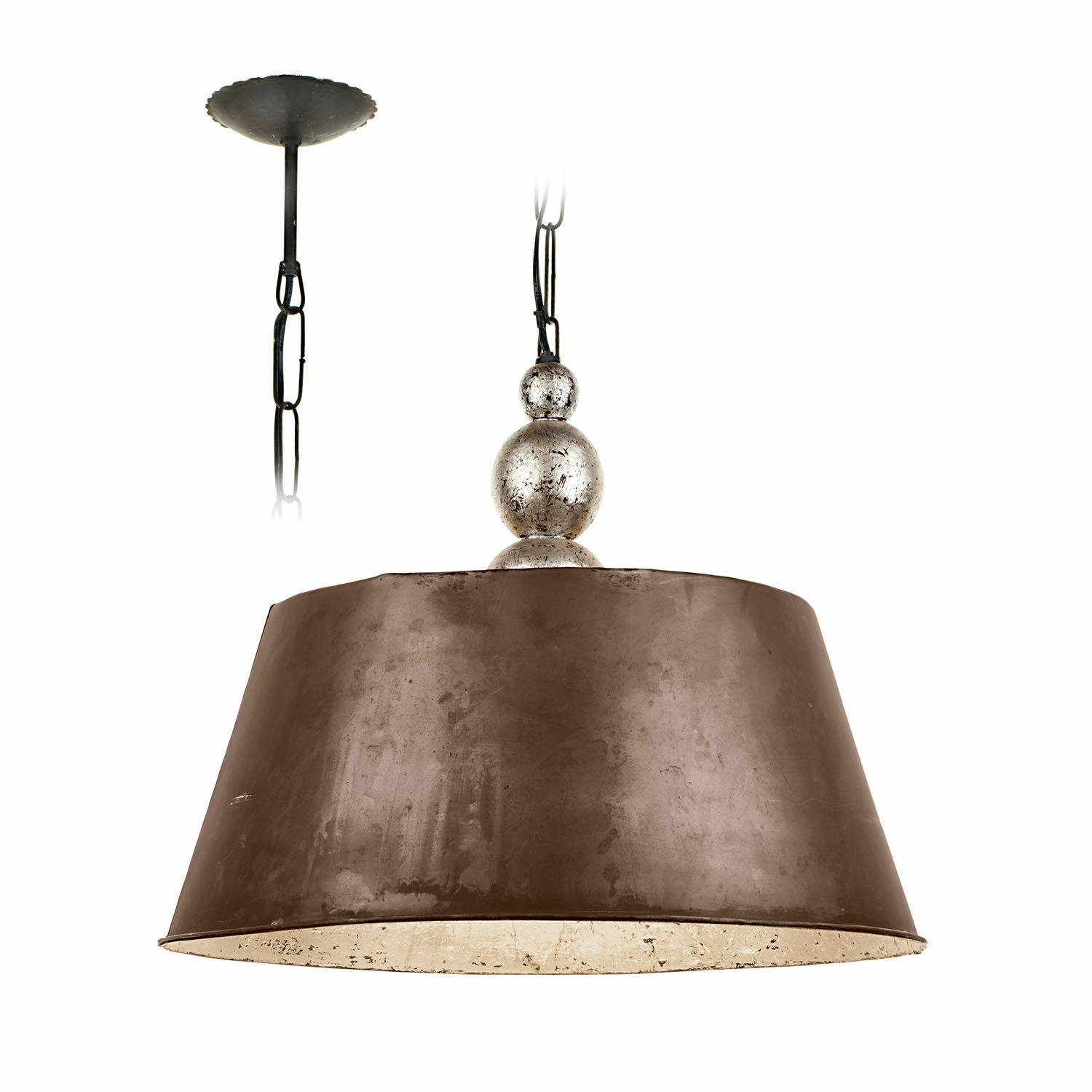 Lampada a sospensione Chatel Lampada a sospensione con paralume in metallo marrone e sfere decorative argentate, illuminazione interna