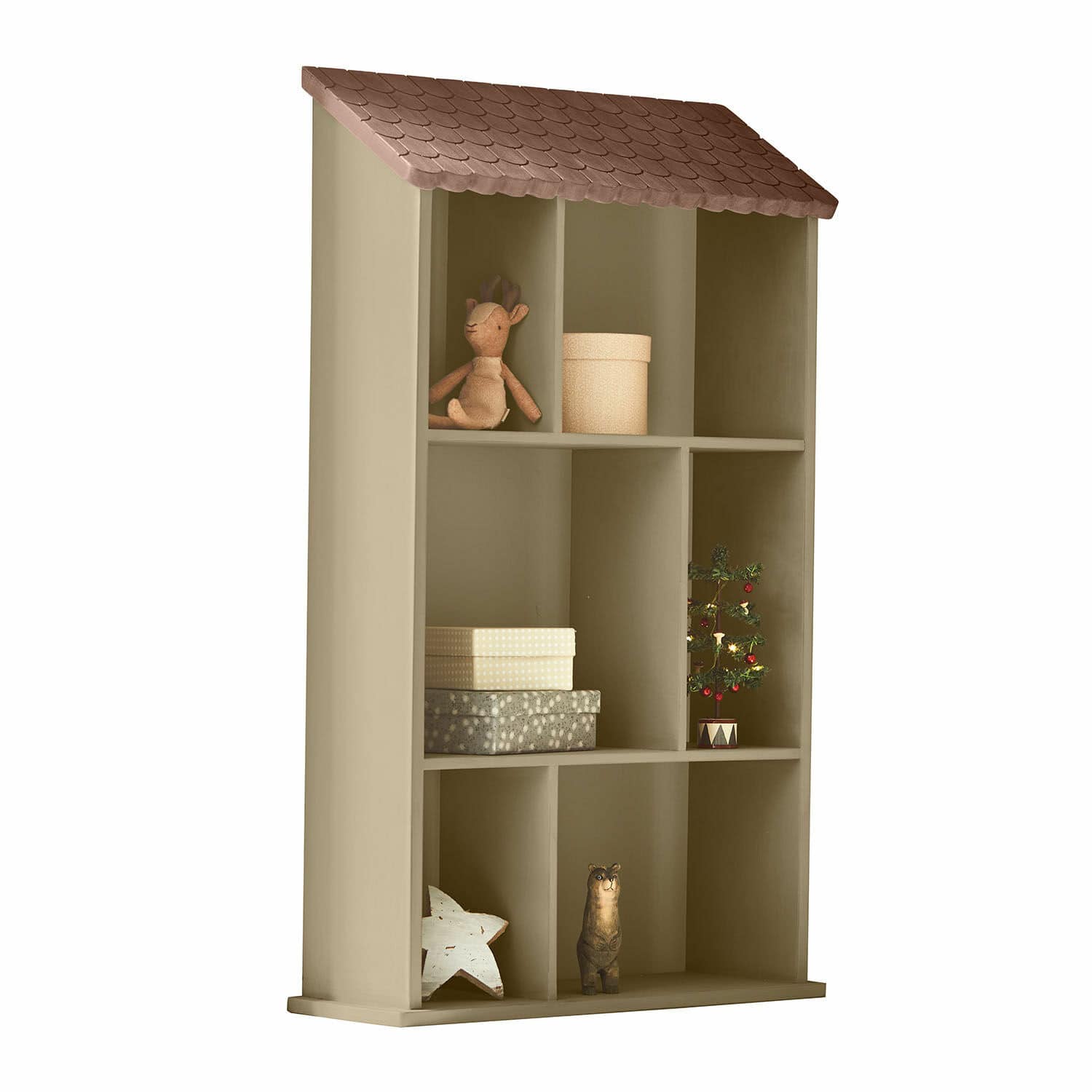 Scaffale da parete Zerith Scaffale in legno beige a forma di casa con tetto marrone e decorazioni natalizie