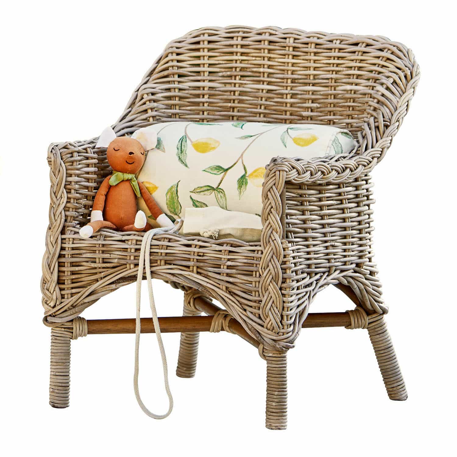 Sedia per bambini Narivena Sedia in rattan colore naturale con cuscino a foglie e peluche per bambini