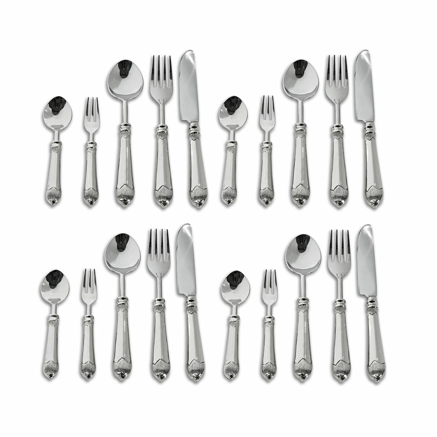 Posate Gasharba Set di posate in acciaio inox argentato con manici decorativi per una tavola elegante.