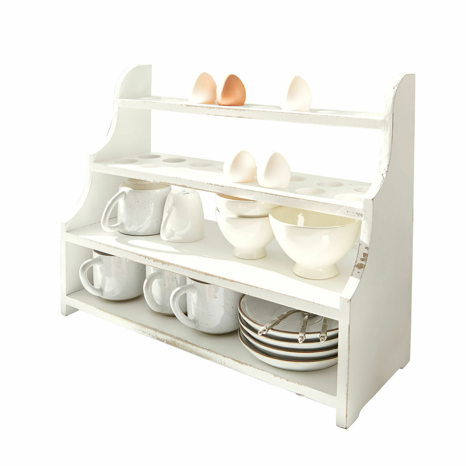 Portaoggetti Pervina Portaoggetti da cucina in legno bianco con scomparti per uova, tazze e ciotole per riporre stoviglie