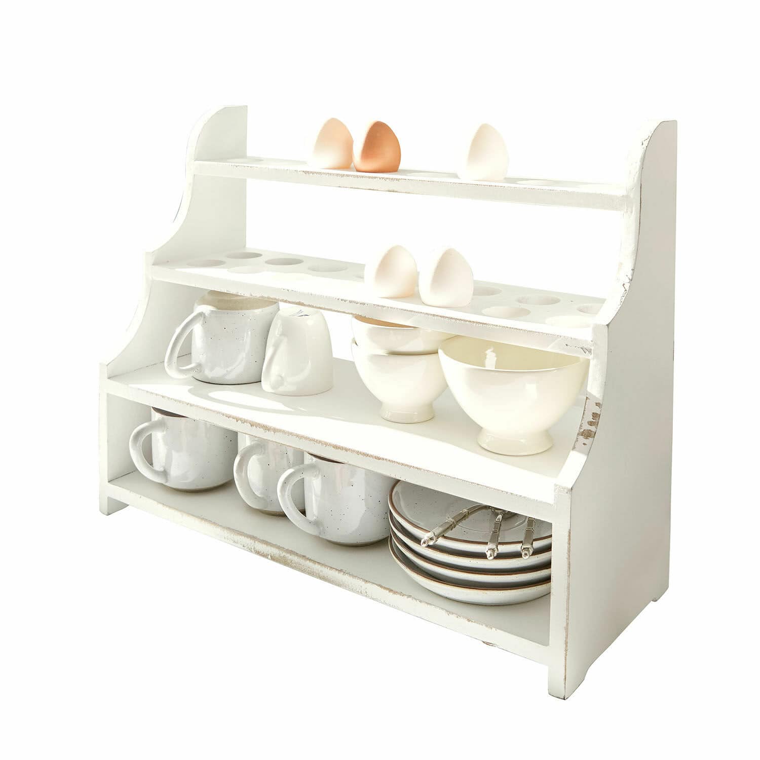 Portaoggetti Pervina Portaoggetti da cucina in legno bianco con scomparti per uova, tazze e ciotole per riporre stoviglie