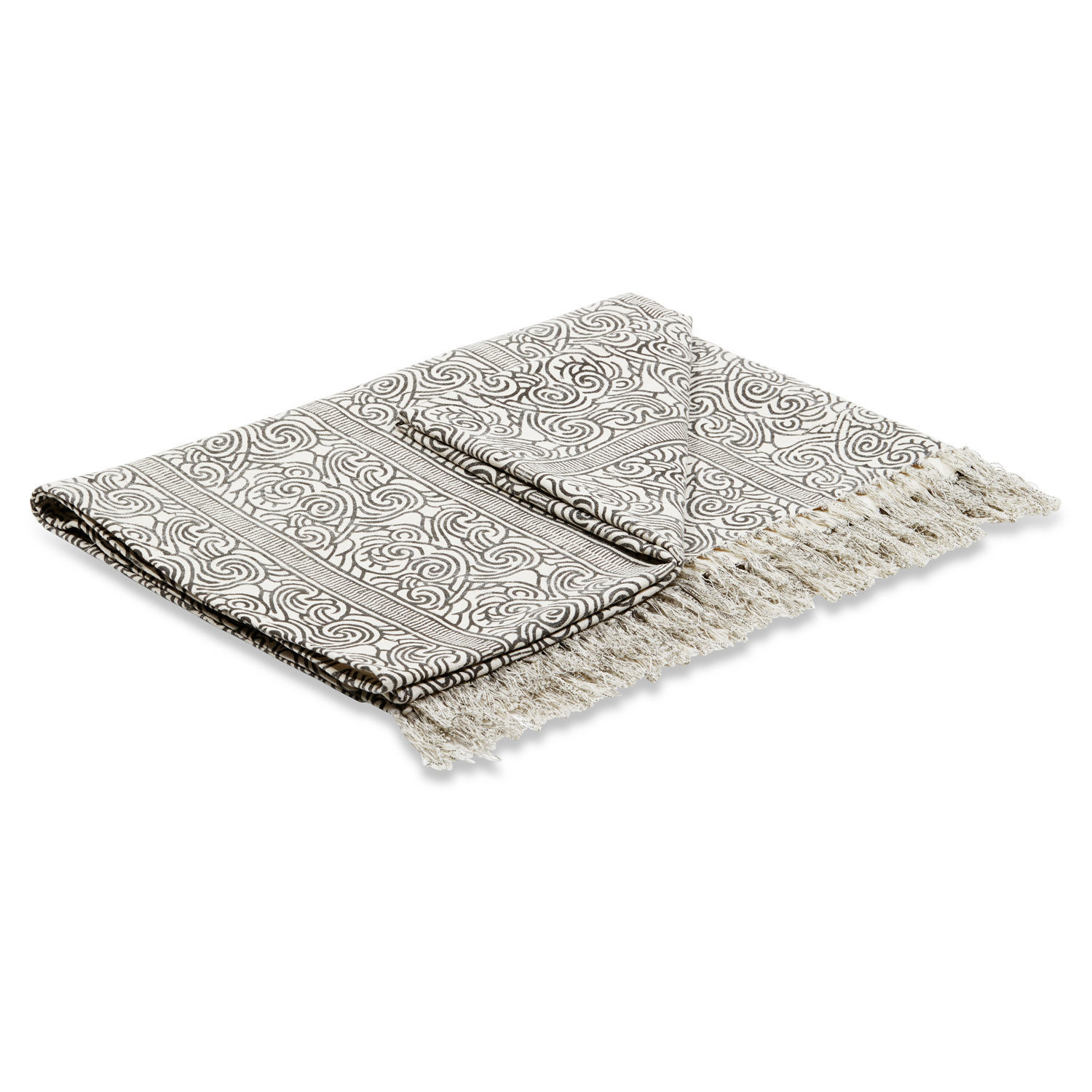 Coperta Ensis Coperta in cotone bianca con motivo nero e frange, accessorio tessile decorativo per la casa