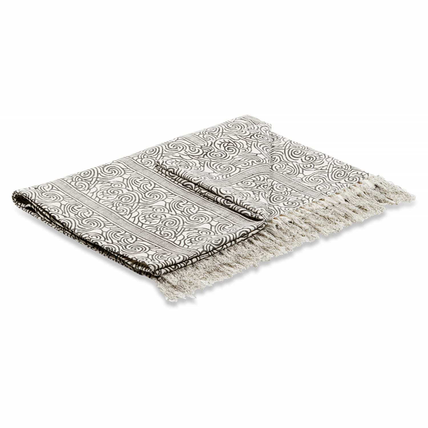 Coperta Ensis Coperta in cotone bianca con motivo nero e frange, accessorio tessile decorativo per la casa