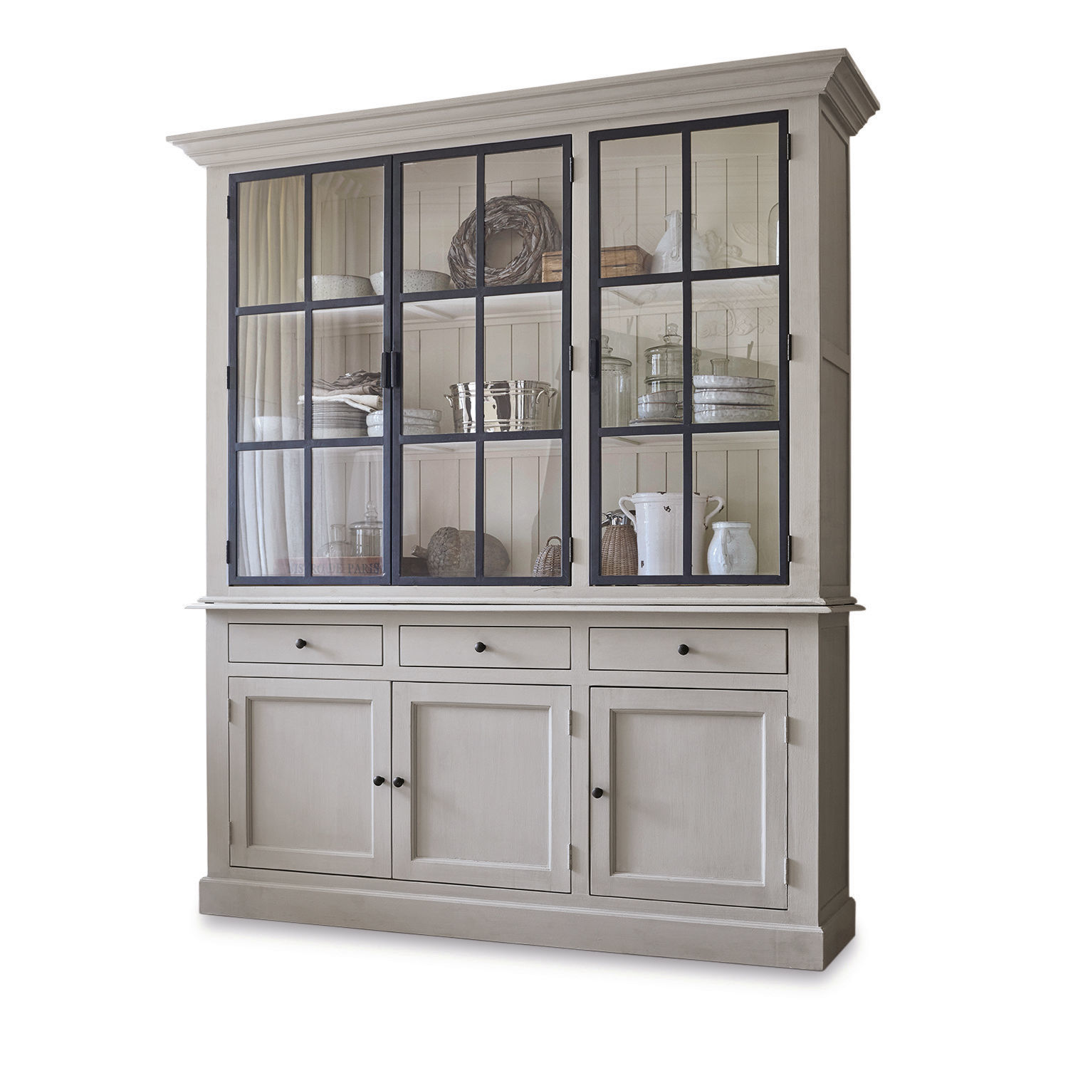 Credenza Thilot Grande vetrina in legno grigio con ante in vetro e cassetti per riporre in soggiorno