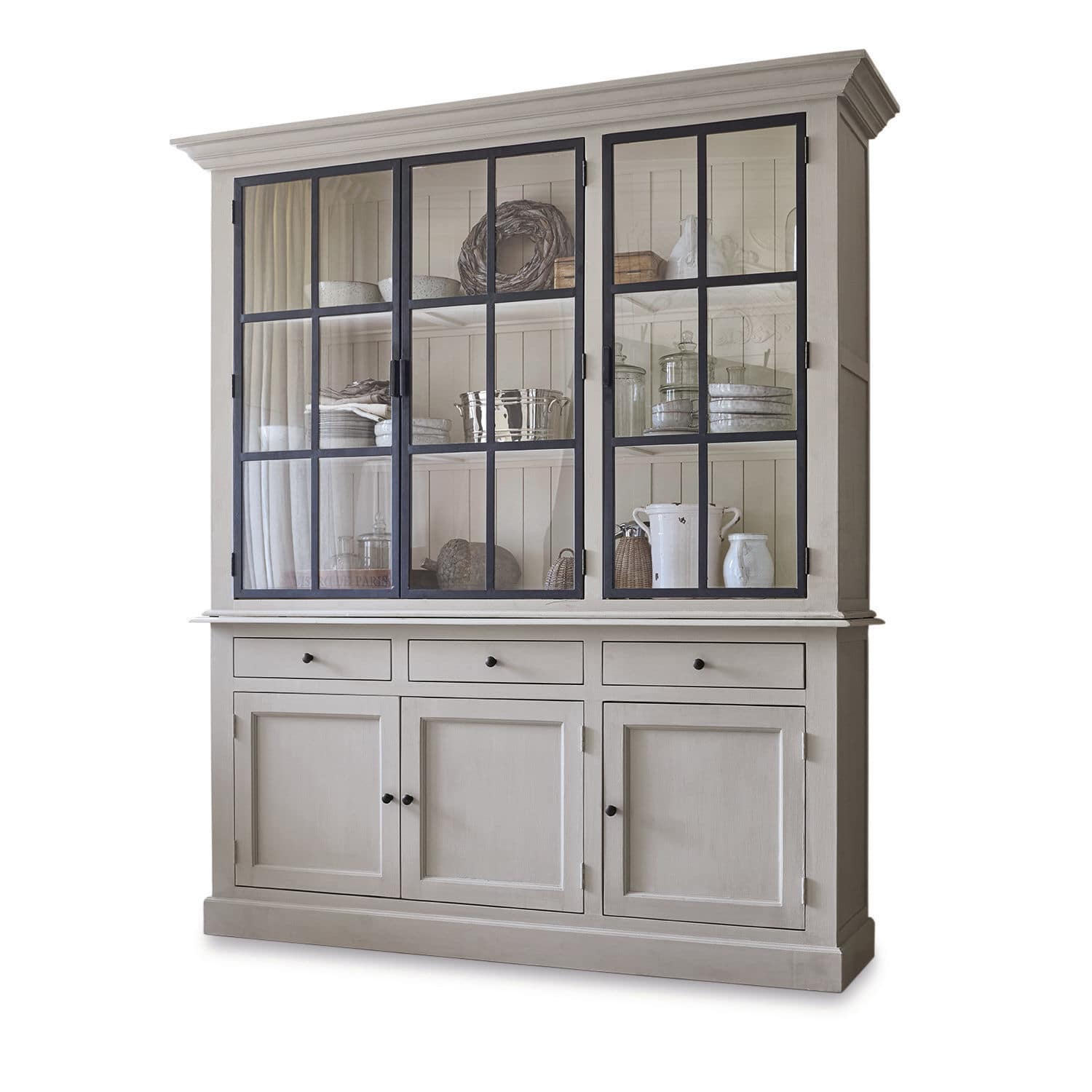 Credenza Thilot Grande vetrina in legno grigio con ante in vetro e cassetti per riporre in soggiorno