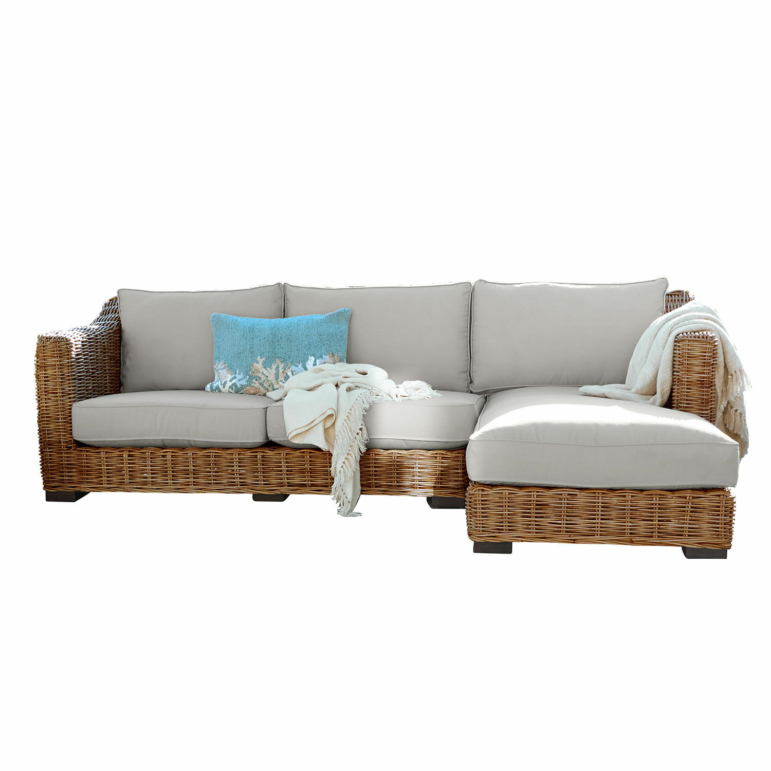 grigio/marrone Divano Villedieu in rattan marrone con cuscini grigi e cuscino decorativo azzurro