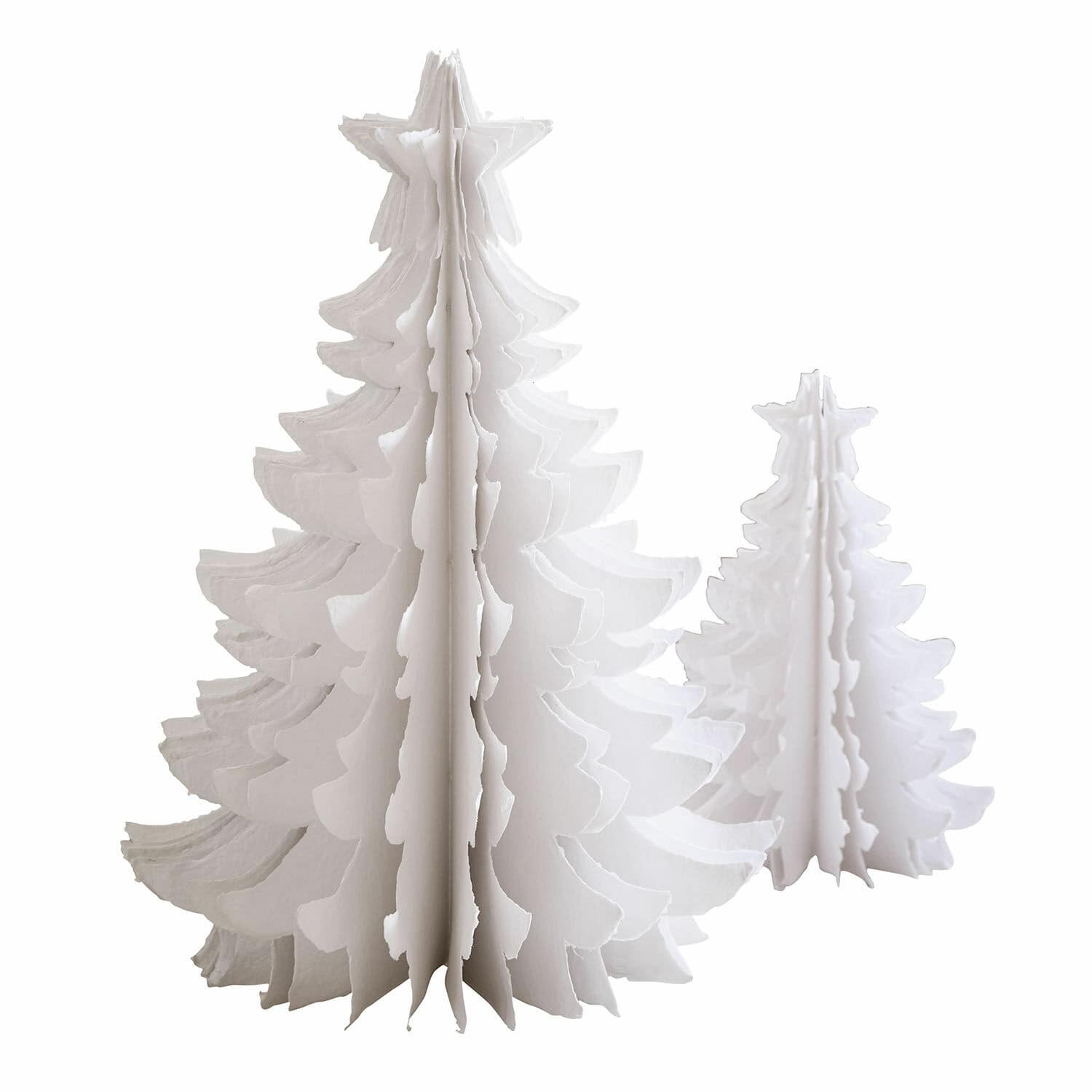 Coppia di alberelli decorativi Amuré Due alberi di Natale decorativi in carta bianca di diverse dimensioni, decorazione natalizia per interni
