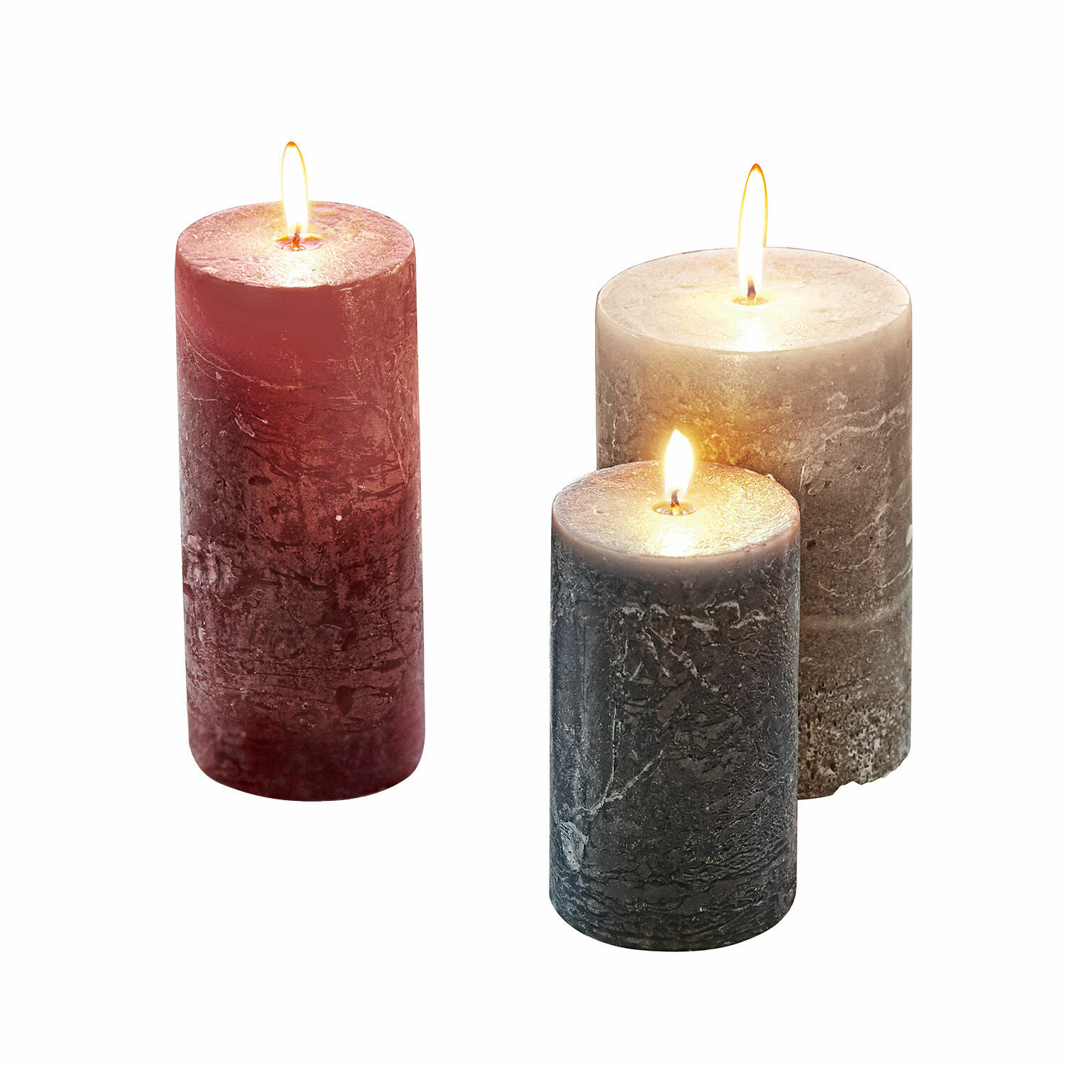 Set di 3 candele Pretin Set di tre candele decorative in rosso, grigio e nero con texture naturale della cera