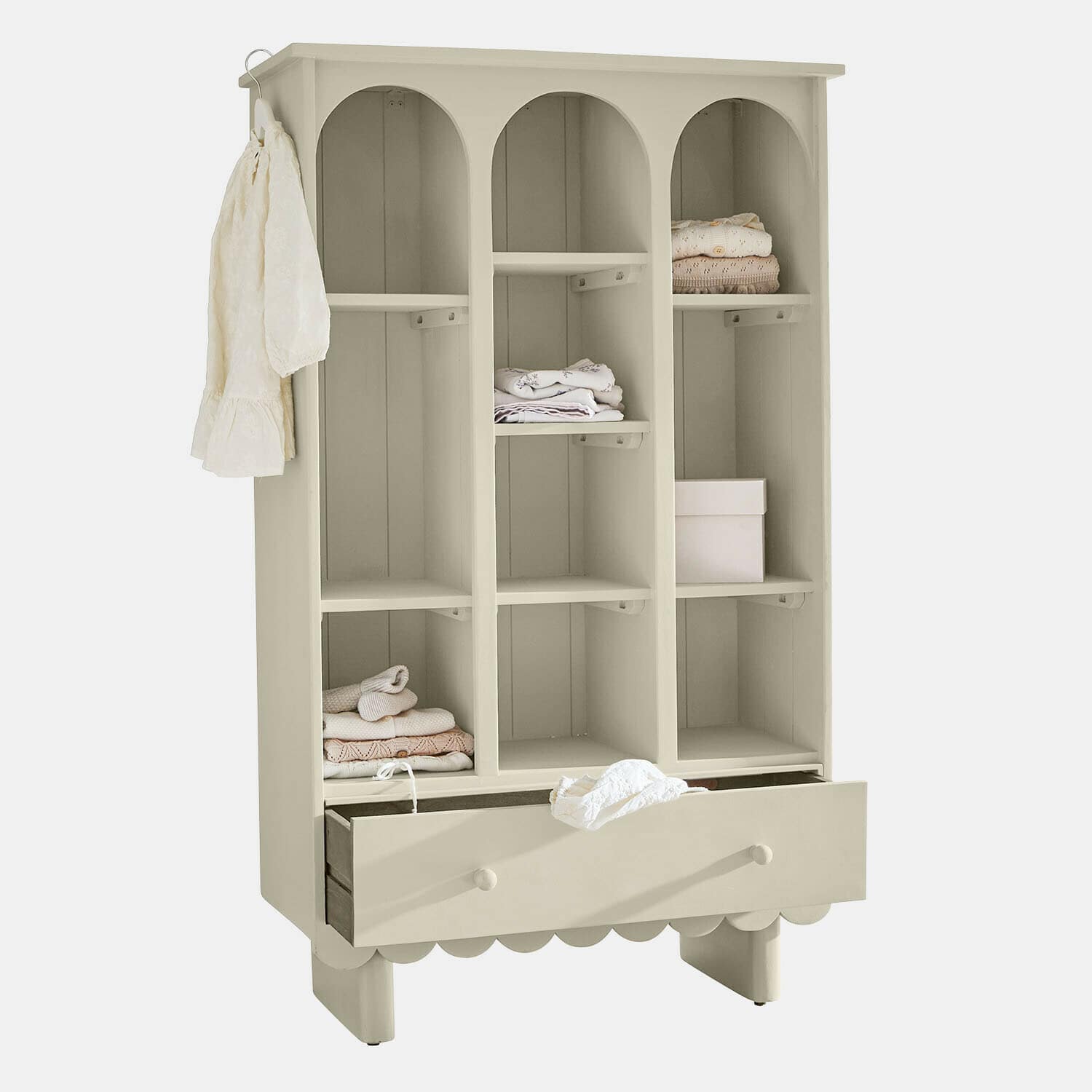 Armadio Agliana Armadio beige in legno con tre scomparti e cassetto, mobile pratico per riporre vestiti
