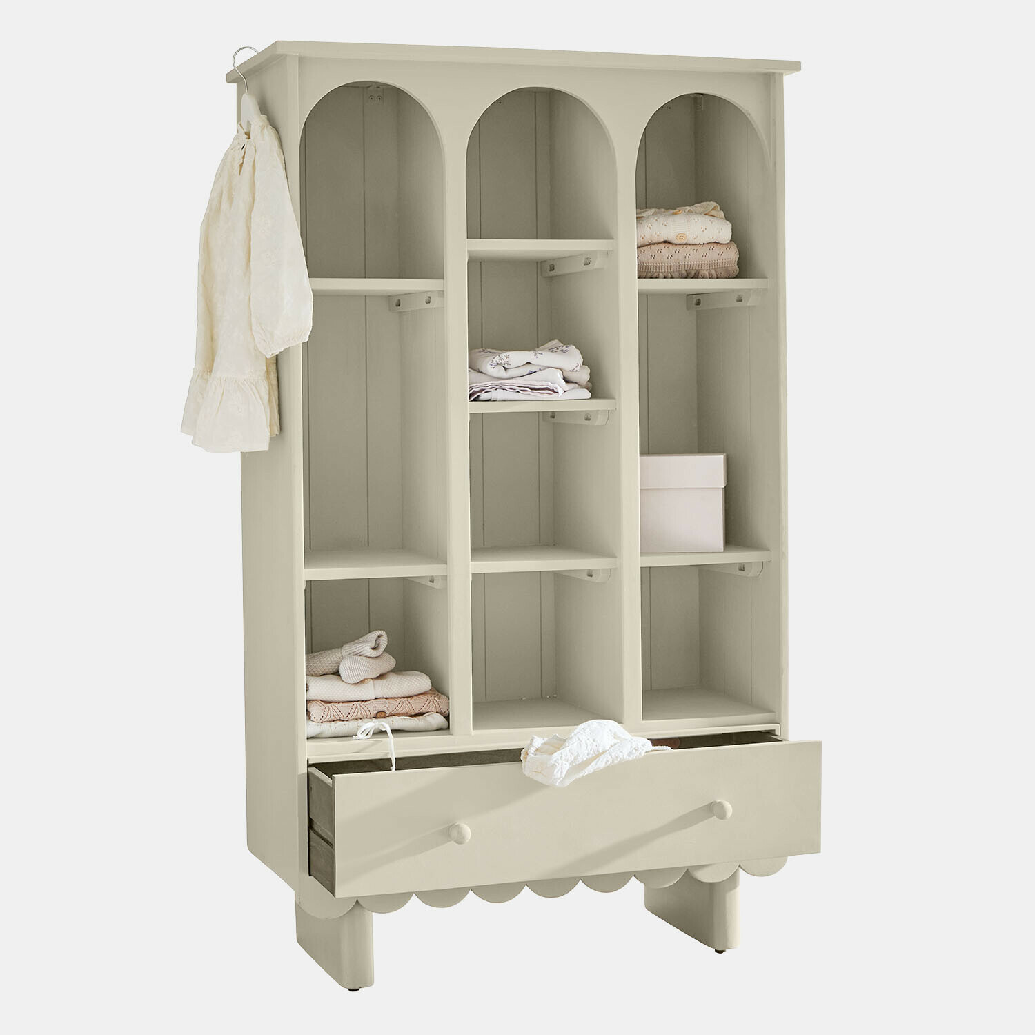 Armadio Agliana Armadio beige in legno con tre scomparti e cassetto, mobile pratico per riporre vestiti