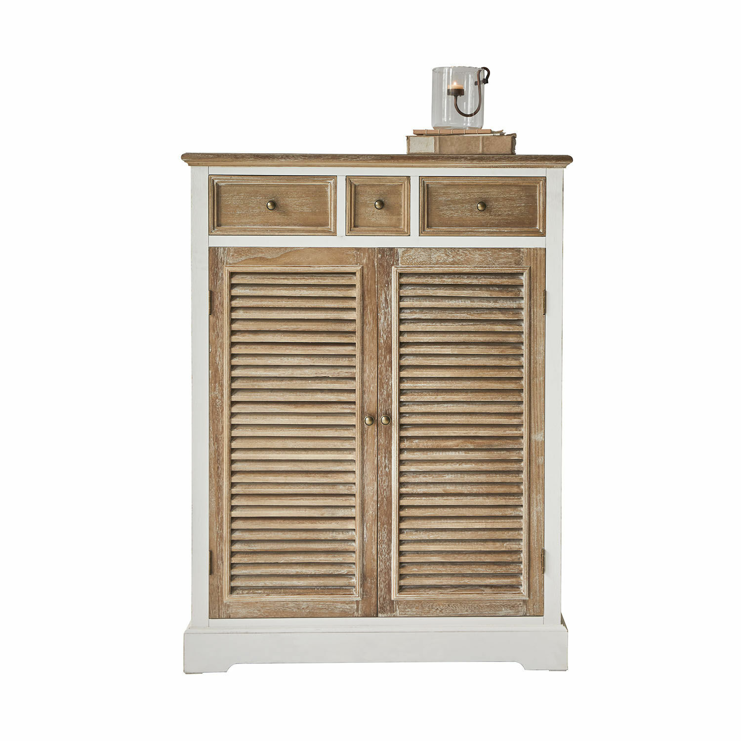 Credenza bassa Lourmante Comò in legno di mango naturale e bianco con tre cassetti e due ante a persiana