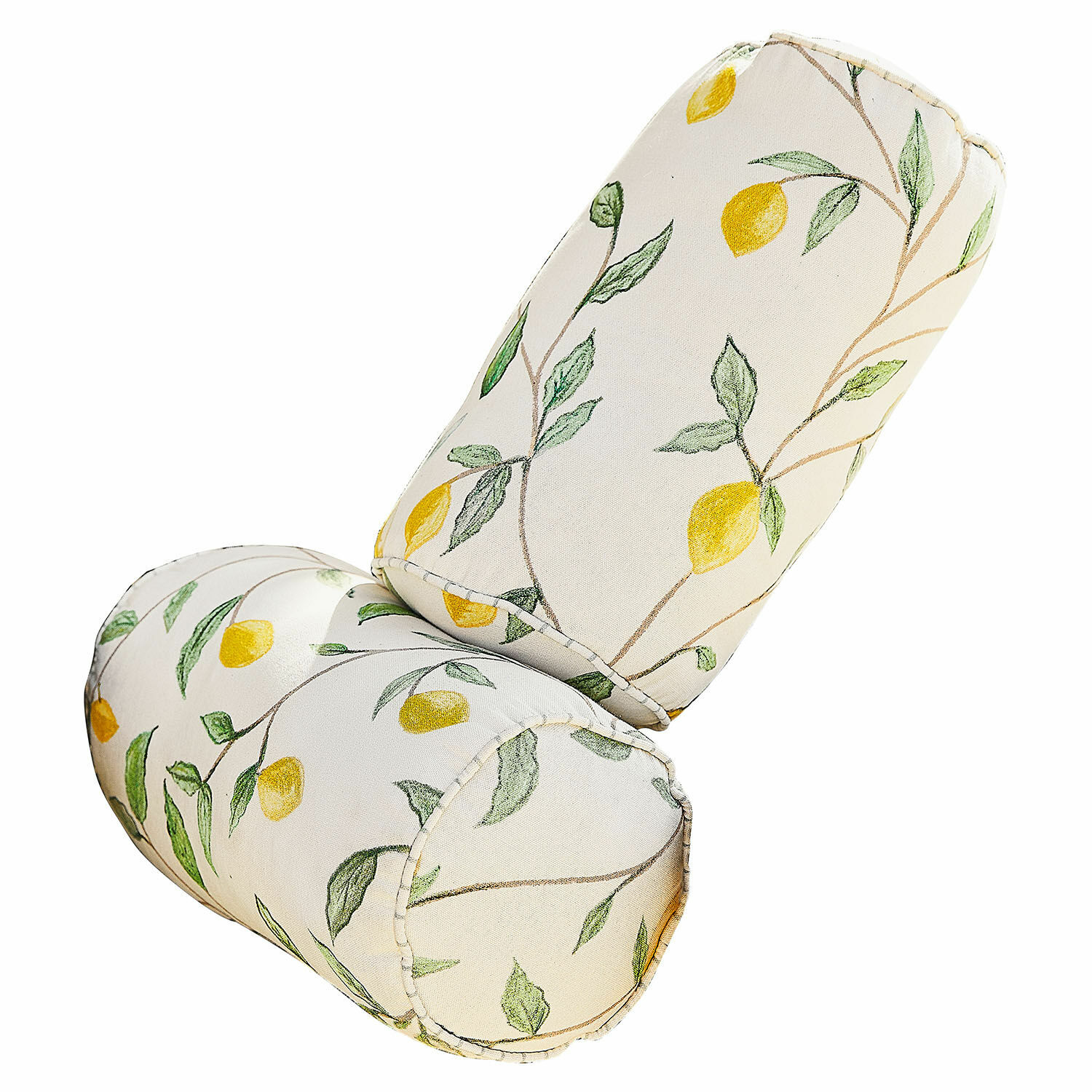 Coppia di cuscini cilindrici Palerina Cuscino a rullo in cotone crema con motivo limoni gialli e foglie verdi per decorazione