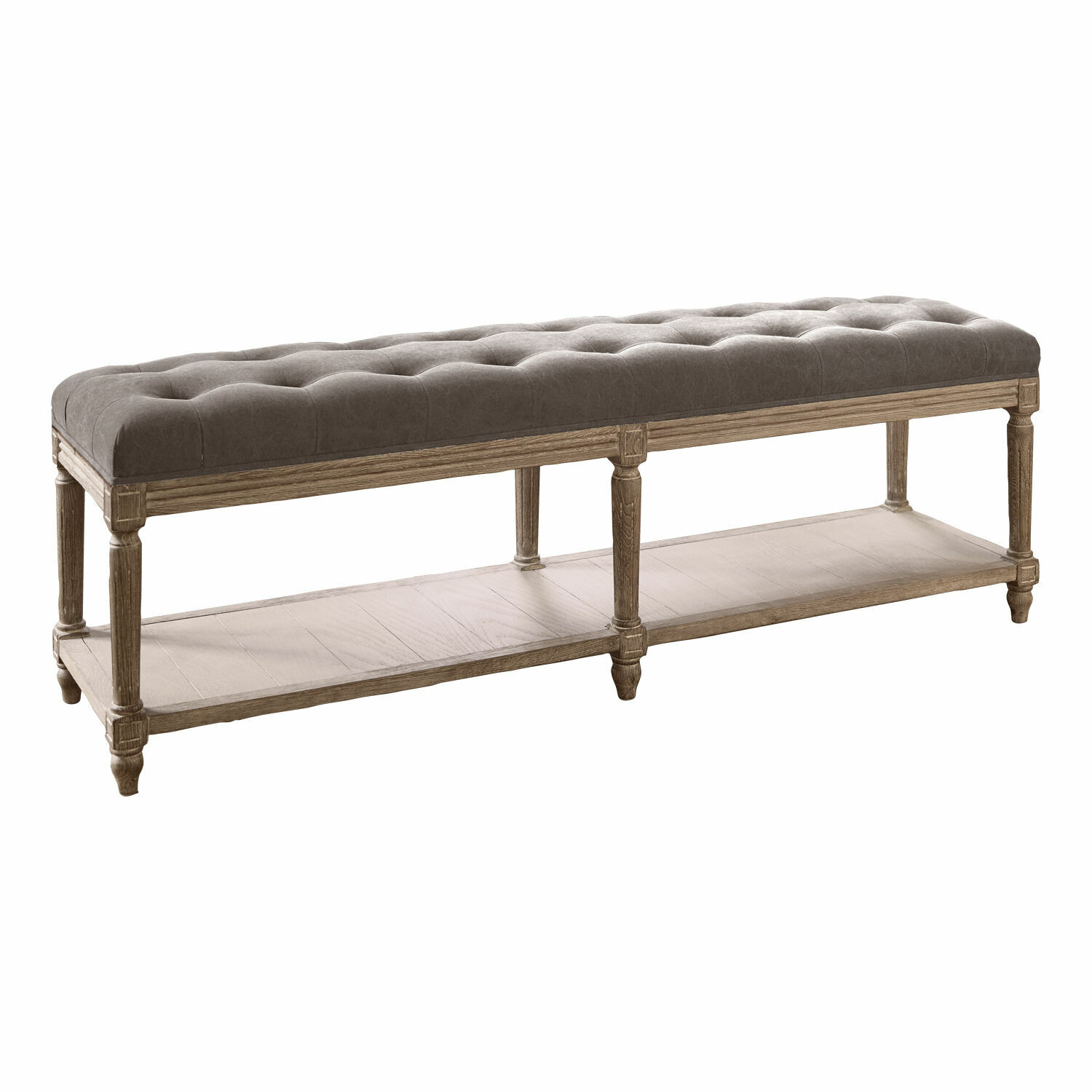 Panca Surcelles con imbottitura grigia capitonné e legno marrone antico, stile vintage
