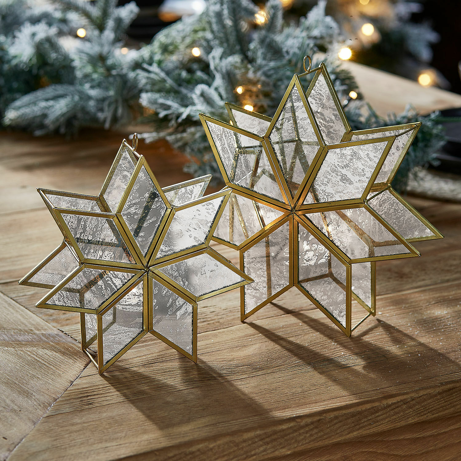 Coppia di portacandele Zaydan Stelle decorative in ottone e vetro con effetto specchio invecchiato per decorazioni natalizie