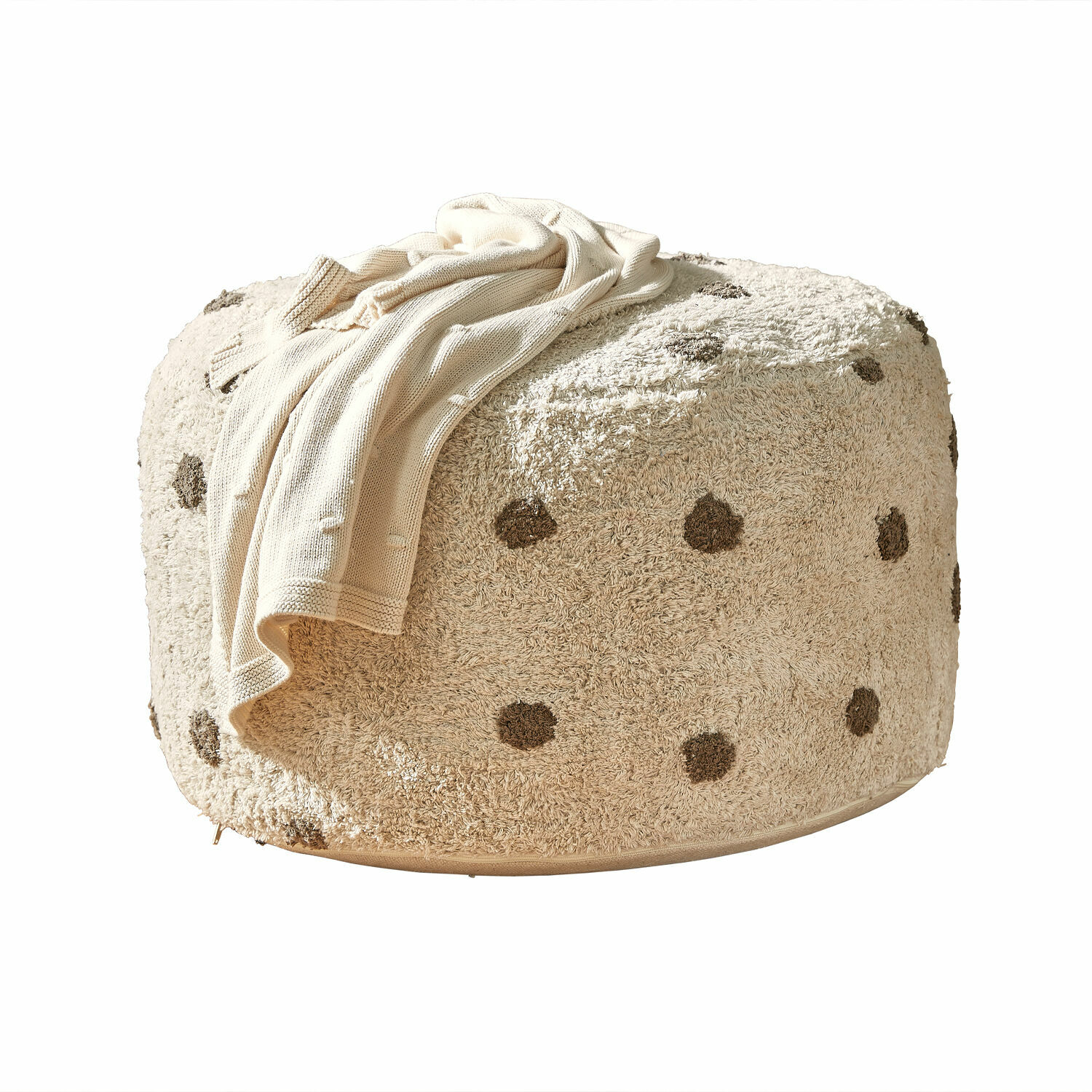 Pouf Thivalie Pouf beige in materiale morbido con pois marroni e coperta crema, mobile confortevole per soggiorno
