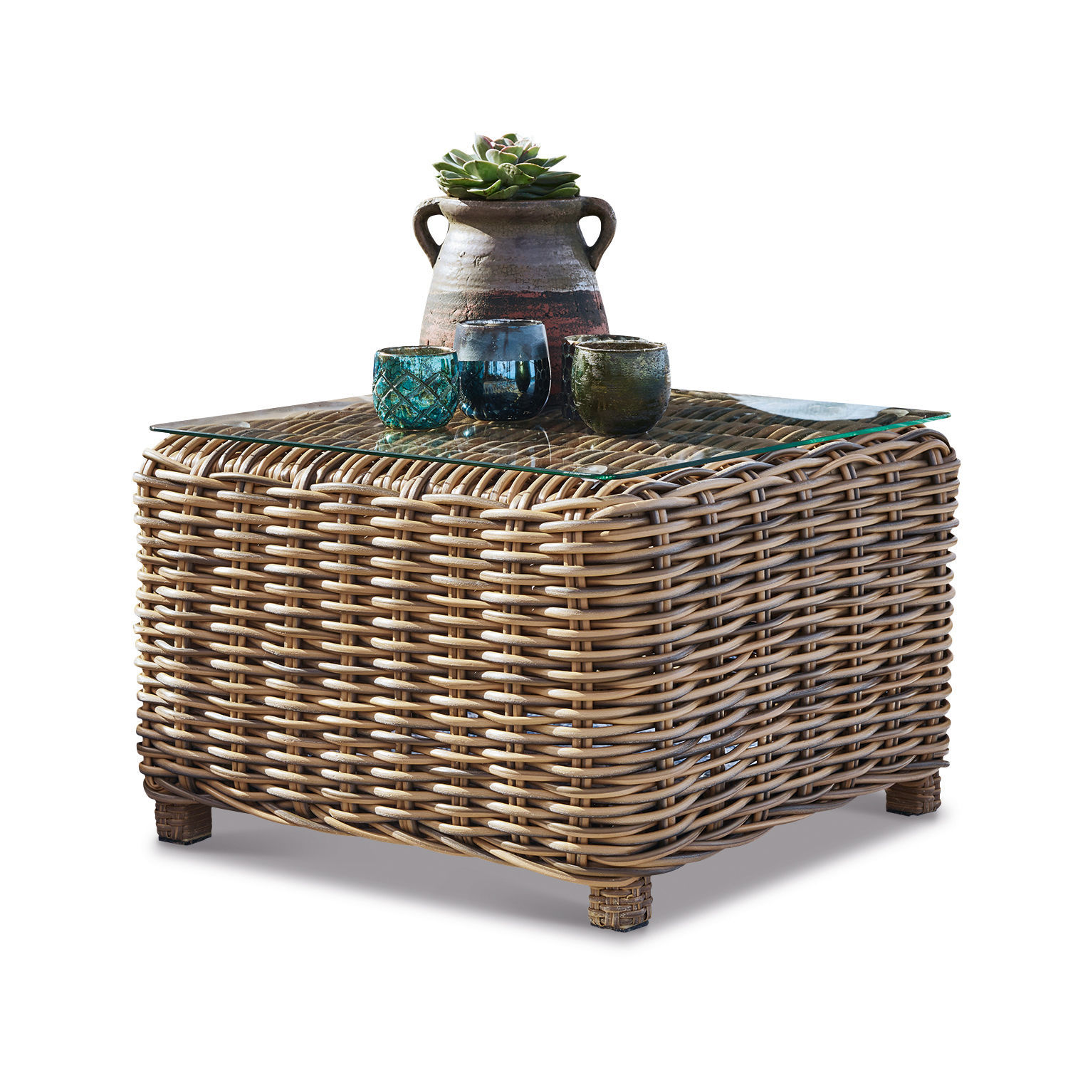 Tavolino di complemento Cubo Tavolino quadrato in rattan con piano in vetro, decorato con portacandele e vaso con succulenta