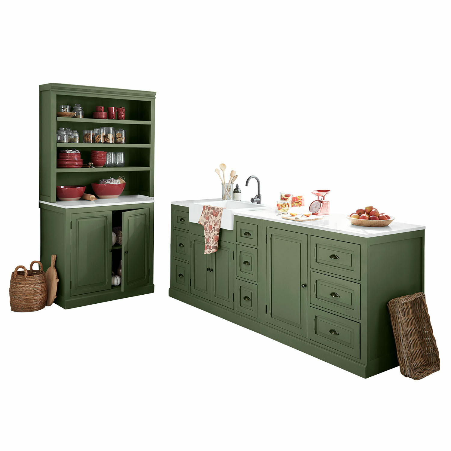 Set di 4 mobili da cucina Lansbury Cucina in legno verde con piano bianco, stoviglie rosse e lavello, armadi funzionali