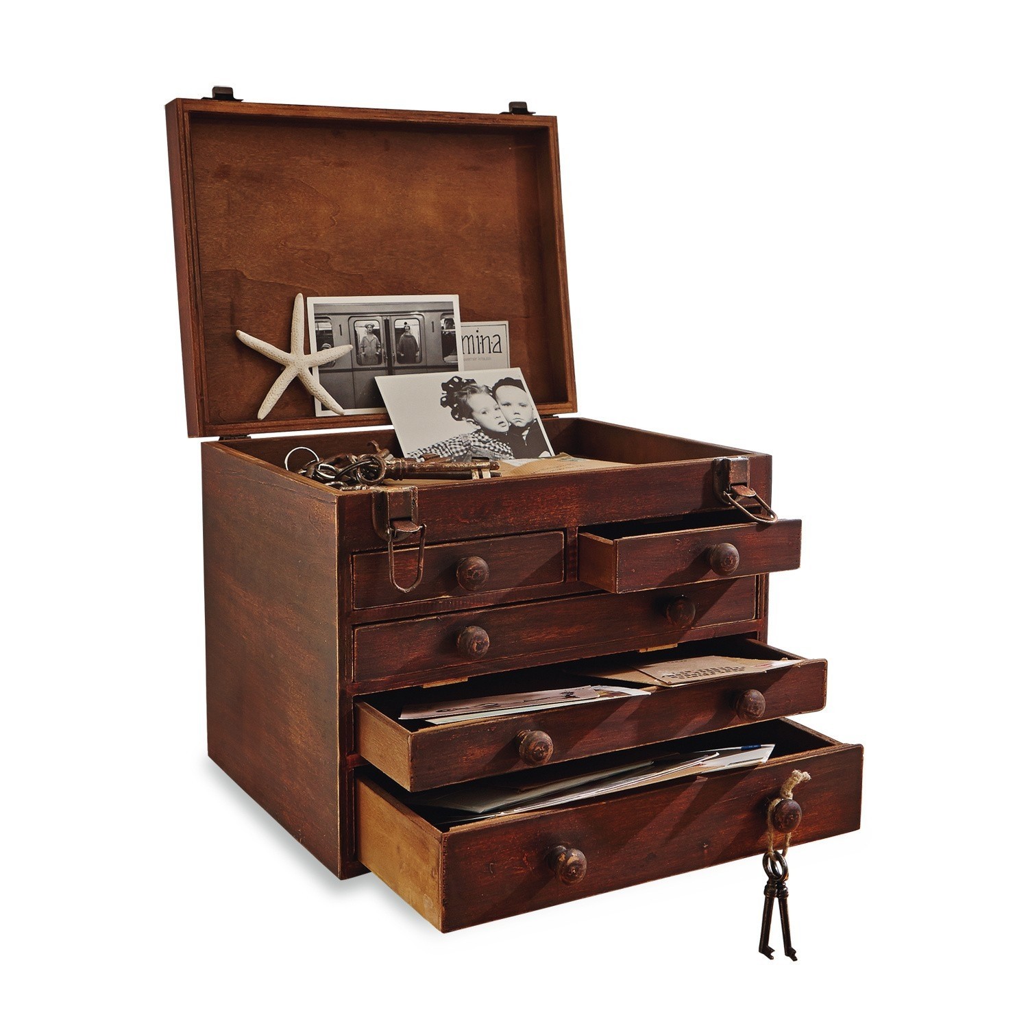 Secrétaire da tavolo Clearfield Scatola in legno con cassetti aperti, chiavi e foto all'interno, stile vintage