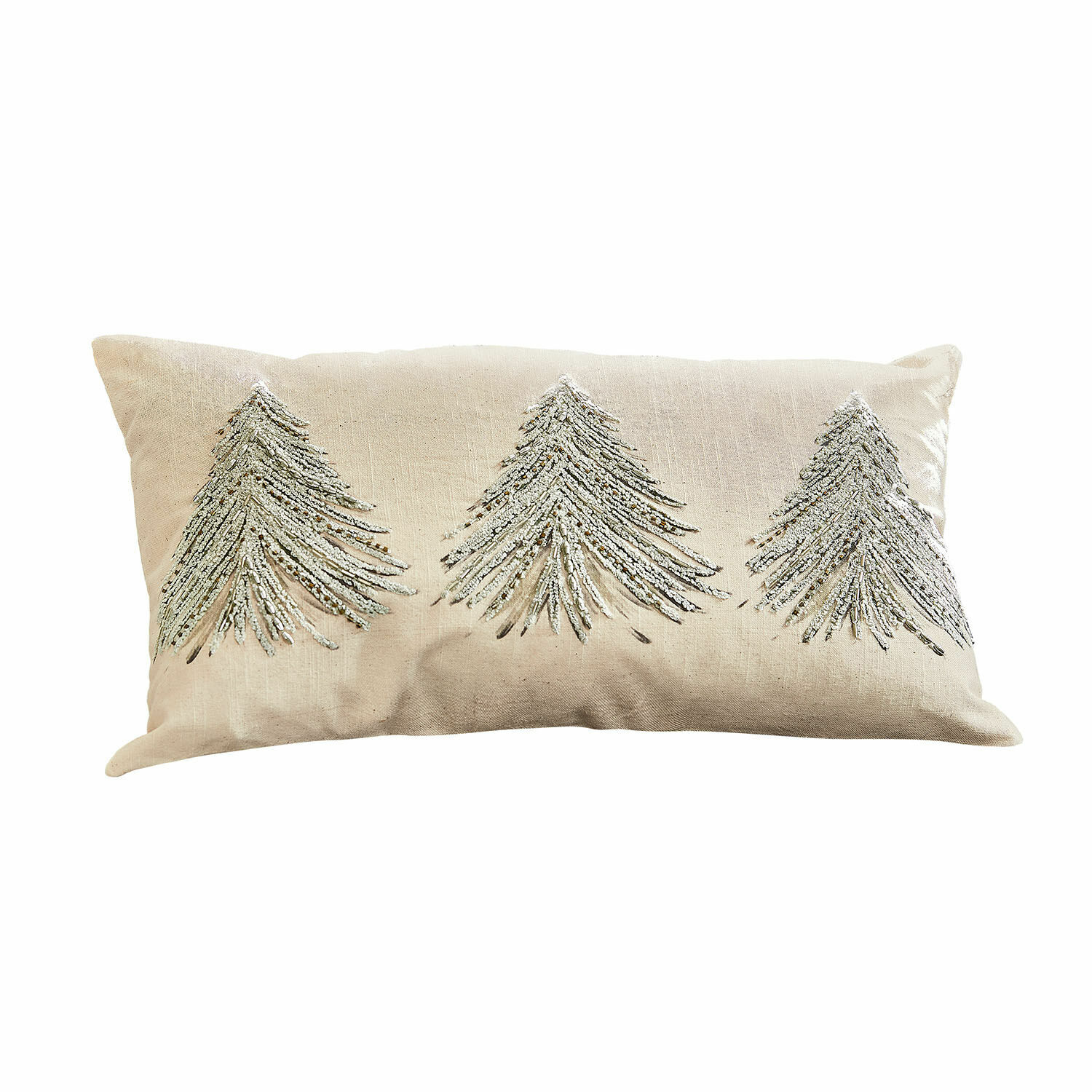 Copricuscino Amandique Cuscino beige in cotone con ricami argentati di alberi di Natale per decorazione casa
