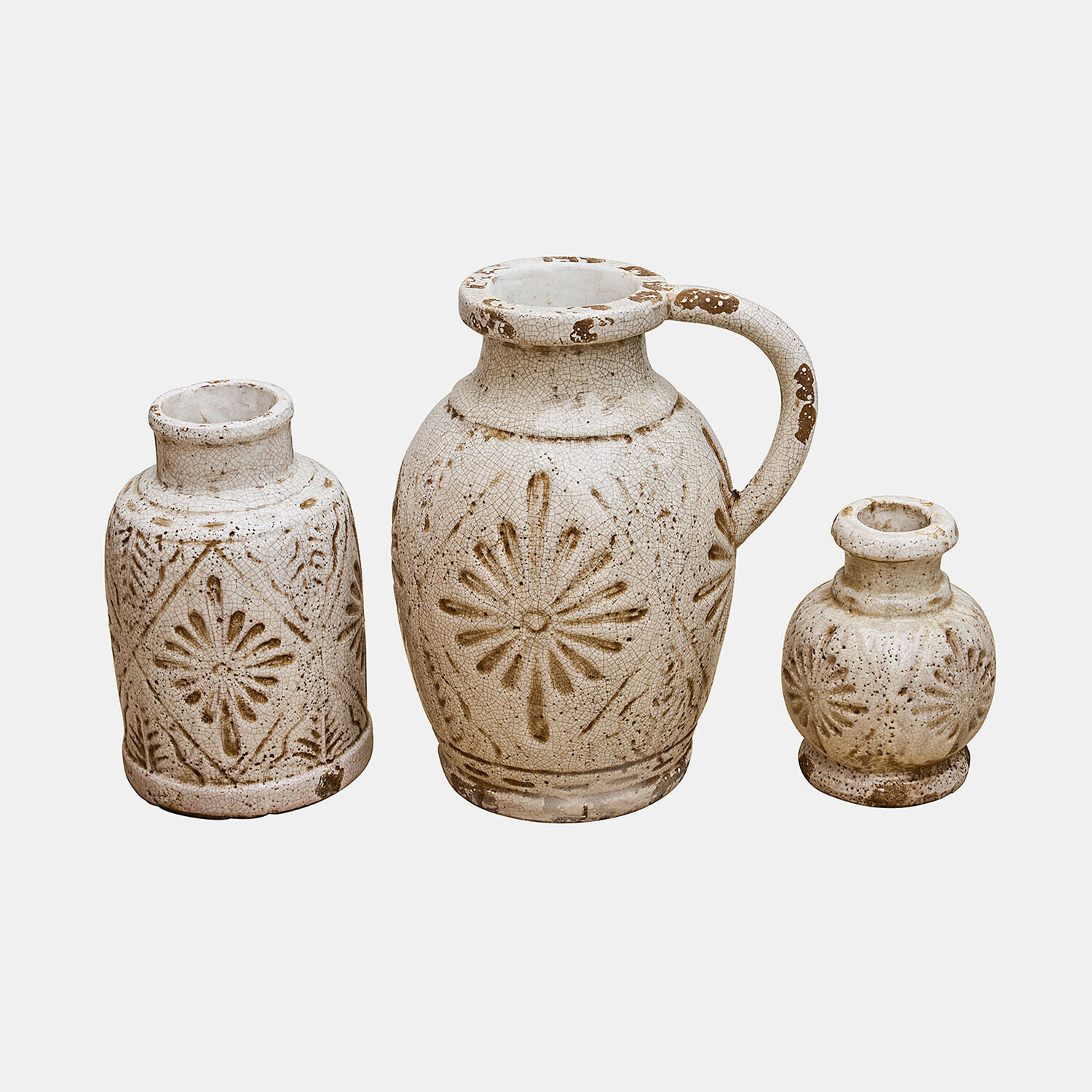Set di 3 vasi Orsémine Set di tre vasi in ceramica color crema con motivi marroni e finitura invecchiata