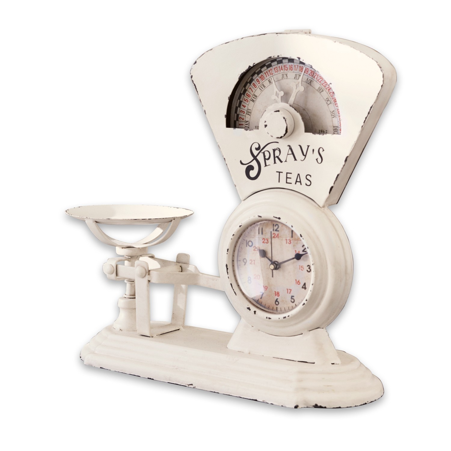 Orologio Balances Bilancia da cucina in metallo bianco con orologio e scritta Spray's Teas, stile vintage, decorazione