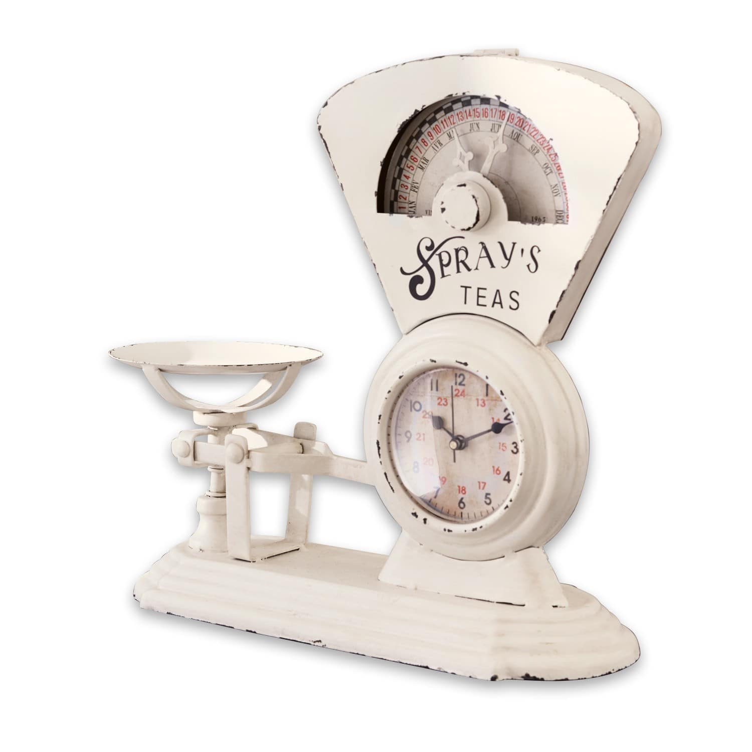 Orologio Balances Bilancia da cucina in metallo bianco con orologio e scritta Spray's Teas, stile vintage, decorazione