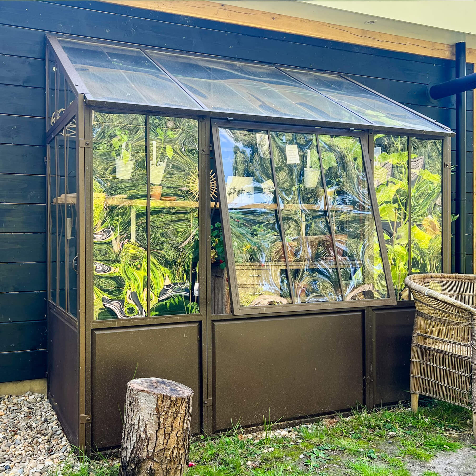 Piccola serra da giardino con struttura metallica marrone, ideale per coltivare piante.