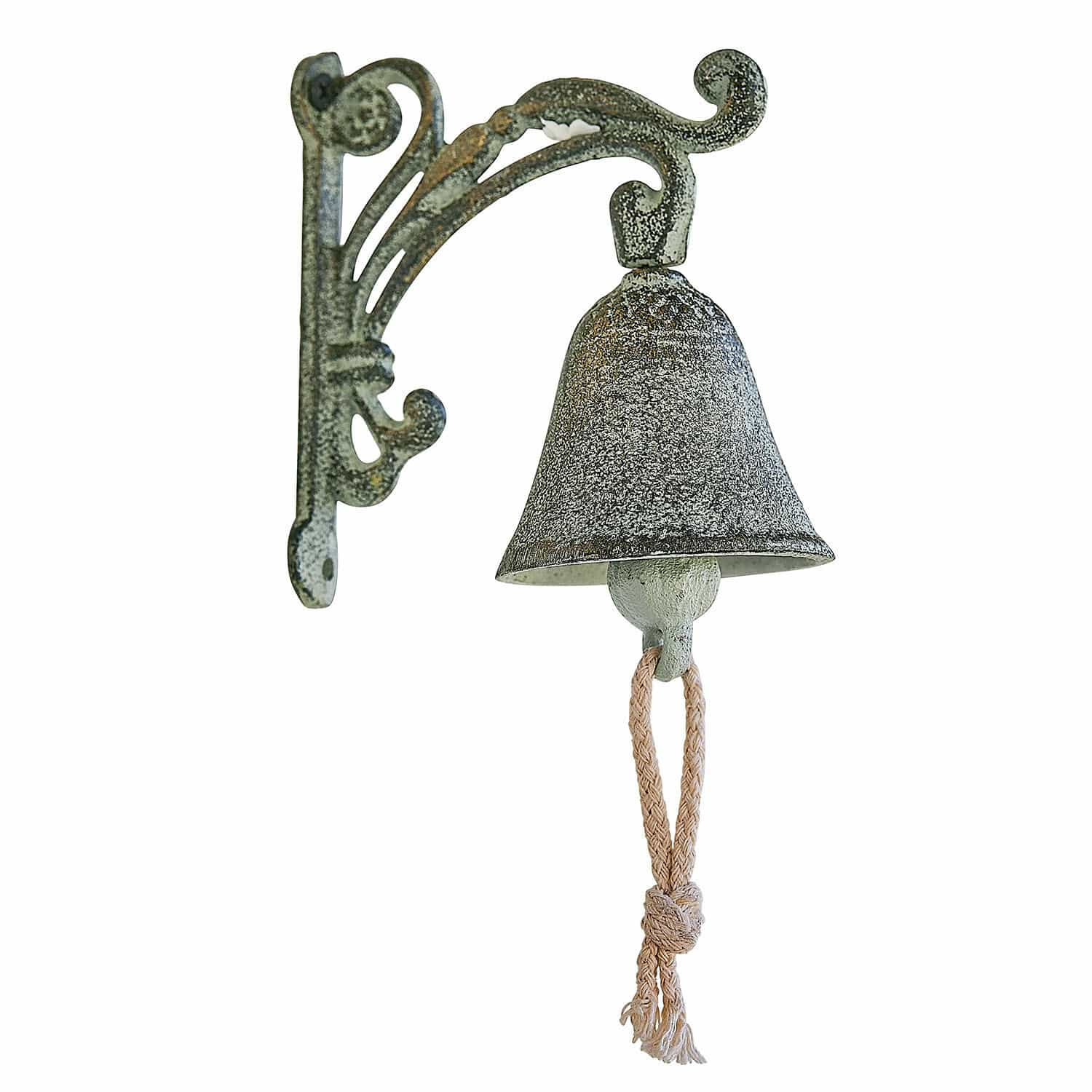 Campanella Palerina Campana da parete in metallo stile vintage con finitura verde-grigia e corda per suonare