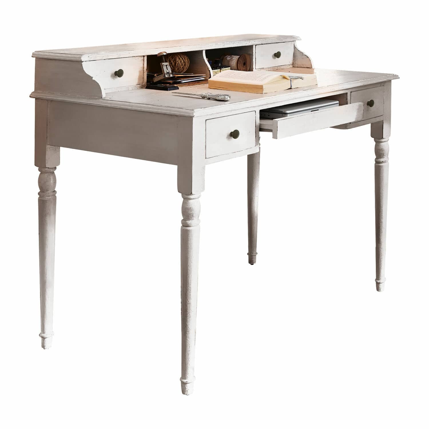 Scrittoio Isabelle Scrivania in legno bianco con cassetti e ripiani, stile vintage, mobile da lavoro e conservazione