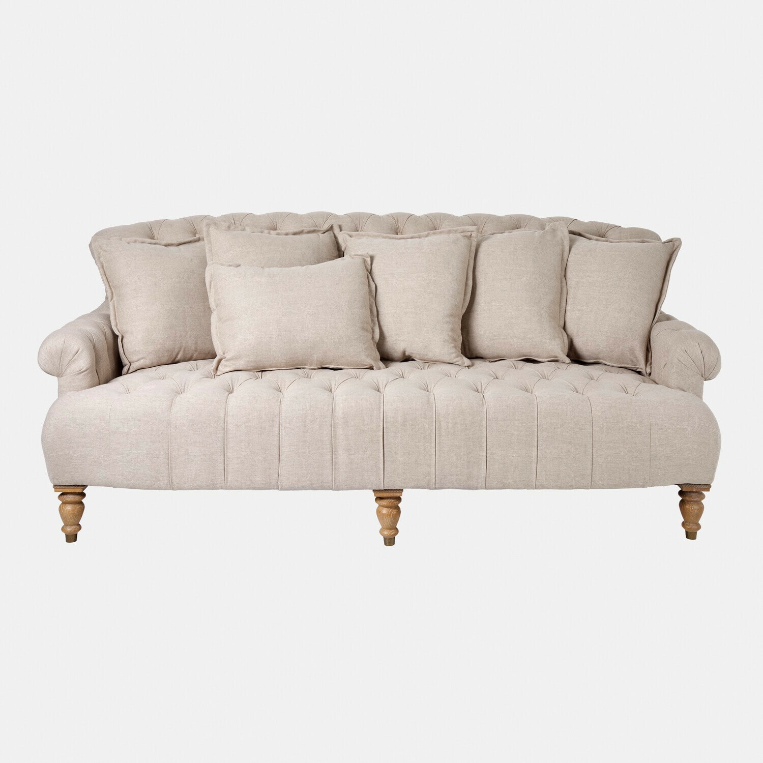 Divano Springfield Village Divano beige imbottito con cuscini e gambe in legno, mobile confortevole per soggiorno