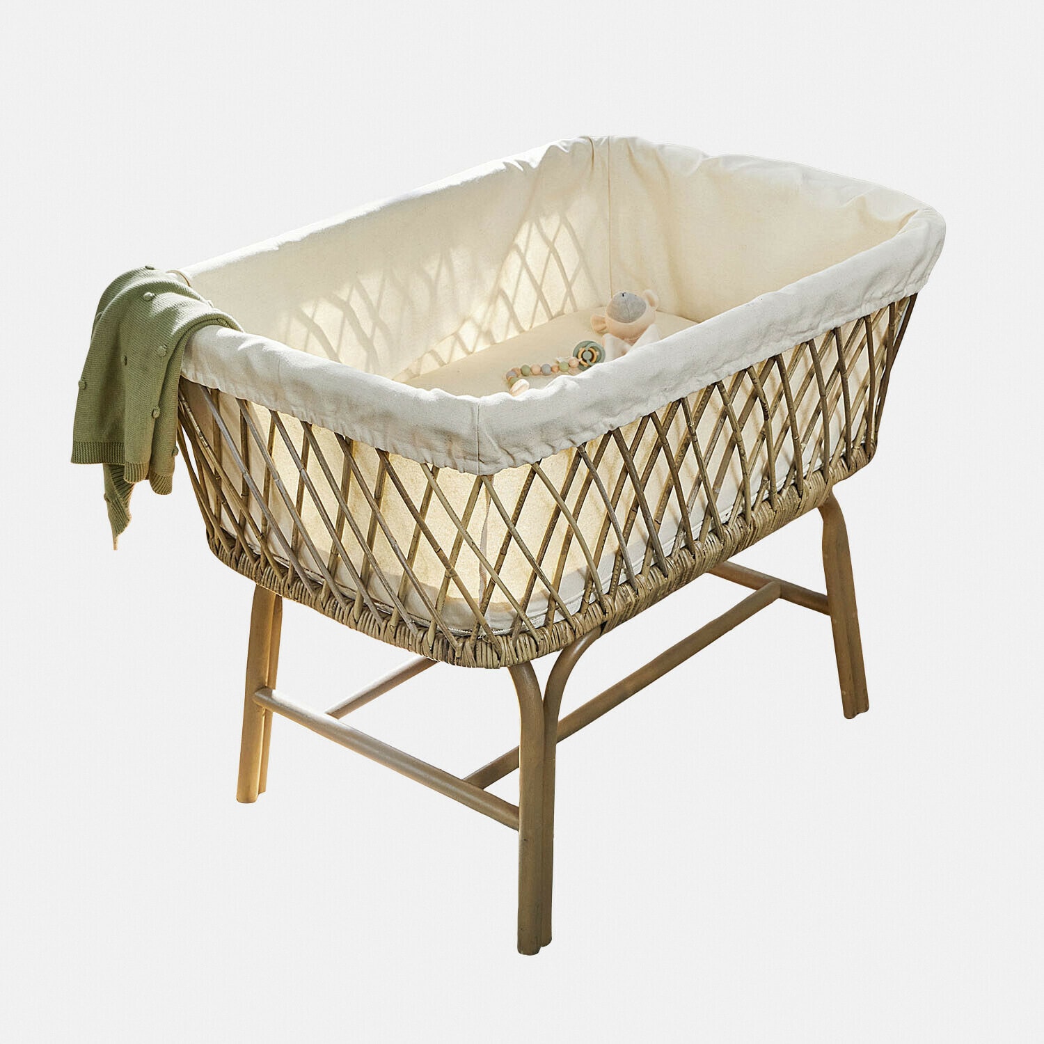 Lettino per neonati Nuvinas Culla in vimini e legno con rivestimento crema e coperta verde, mobile per cameretta