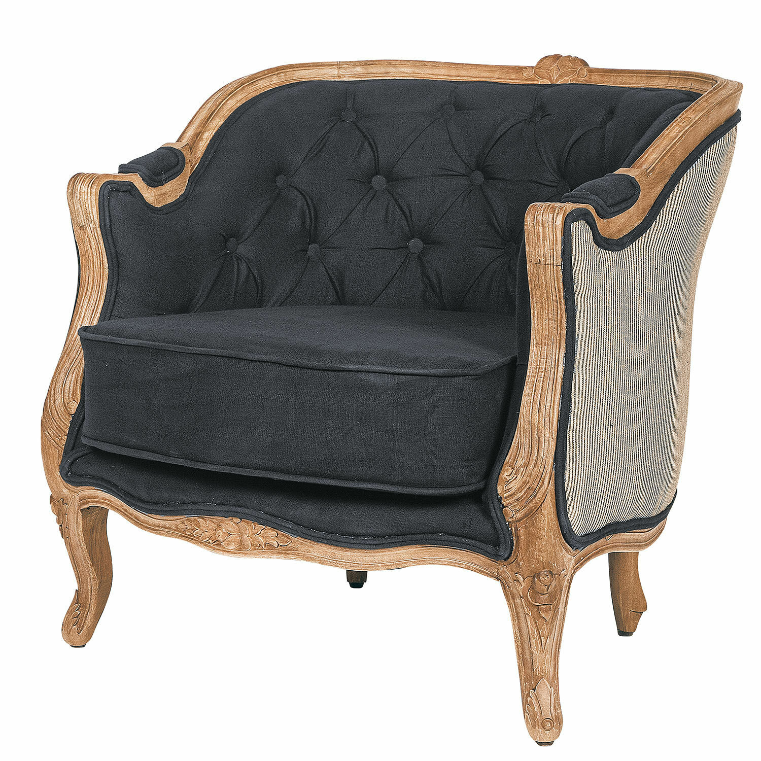 Poltrona Annezay Poltrona vintage con struttura in legno intagliato e rivestimento nero, mobile elegante per soggiorno