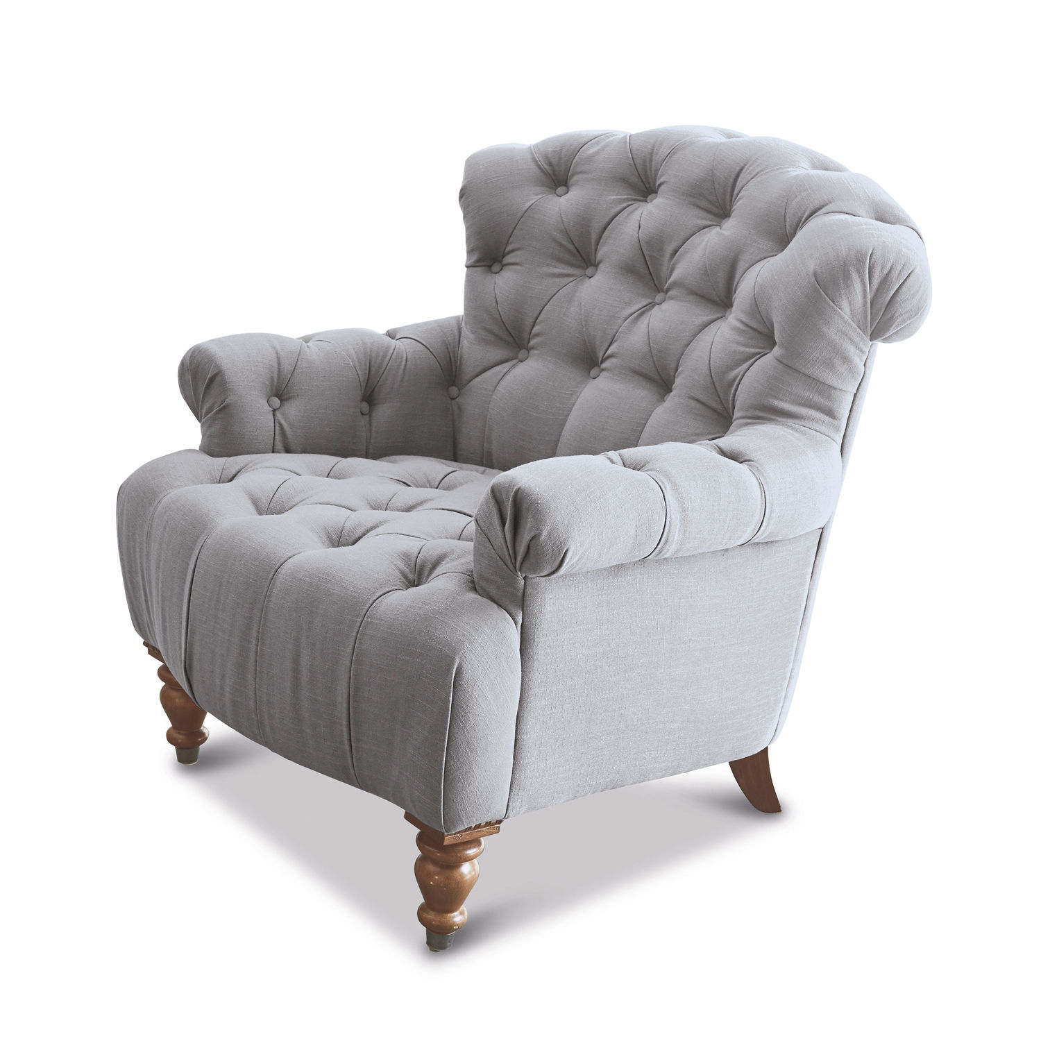 Poltrona Springfield Divano imbottito grigio con gambe in legno e schienale capitonné, mobile confortevole