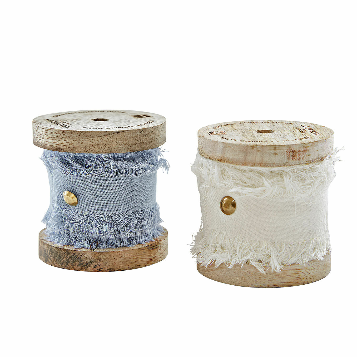 Coppia di nastri Valethor Bobine in legno con nastro di cotone blu e bianco con frange per decorazione d'interni