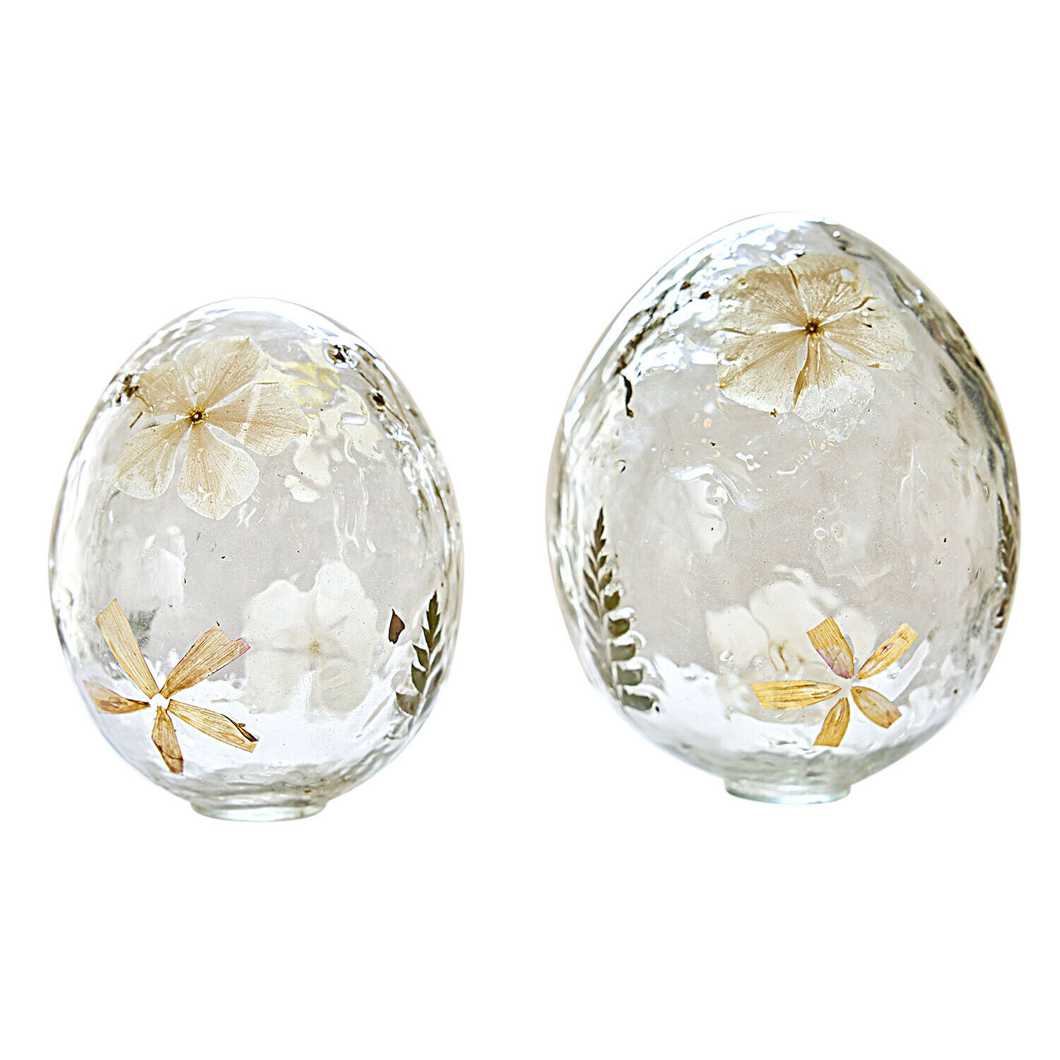 Coppia di uova decorative Coudrisse Due uova di vetro trasparente con fiori secchi e foglie incastonate, decorazione primaverile