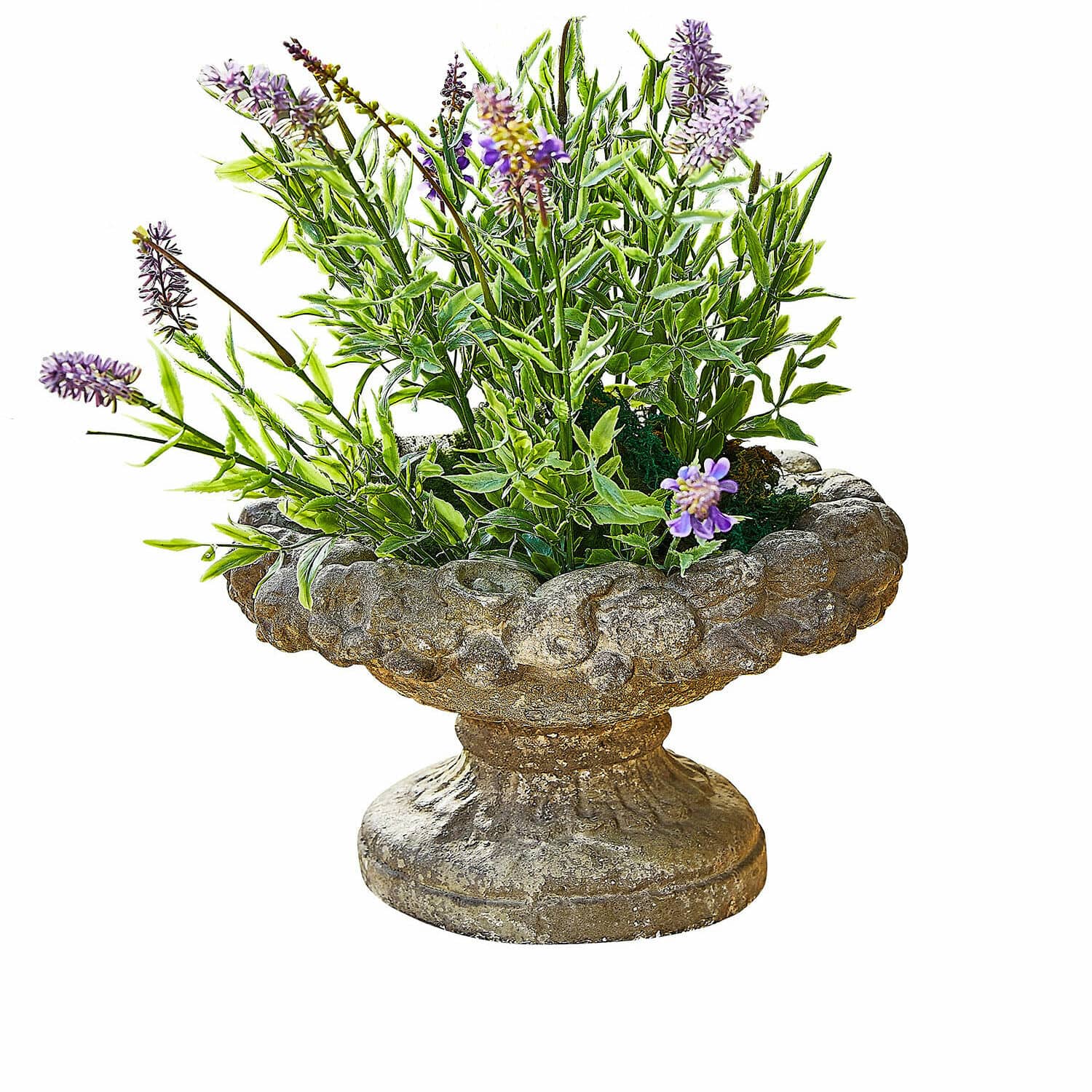 Anfora Bellivon Vaso decorativo in pietra con foglie verdi e fiori viola per decorazione da giardino
