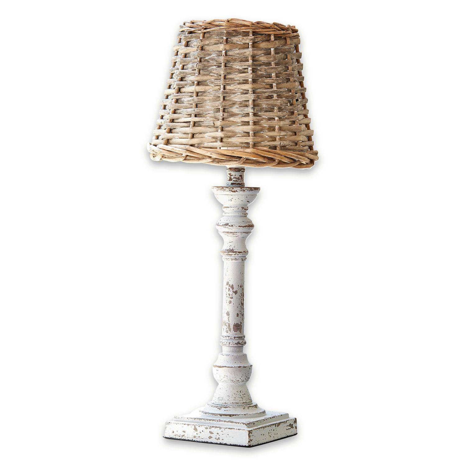 Lampada da tavolo Noelie Lampada da tavolo in legno bianco effetto invecchiato con paralume in vimini naturale
